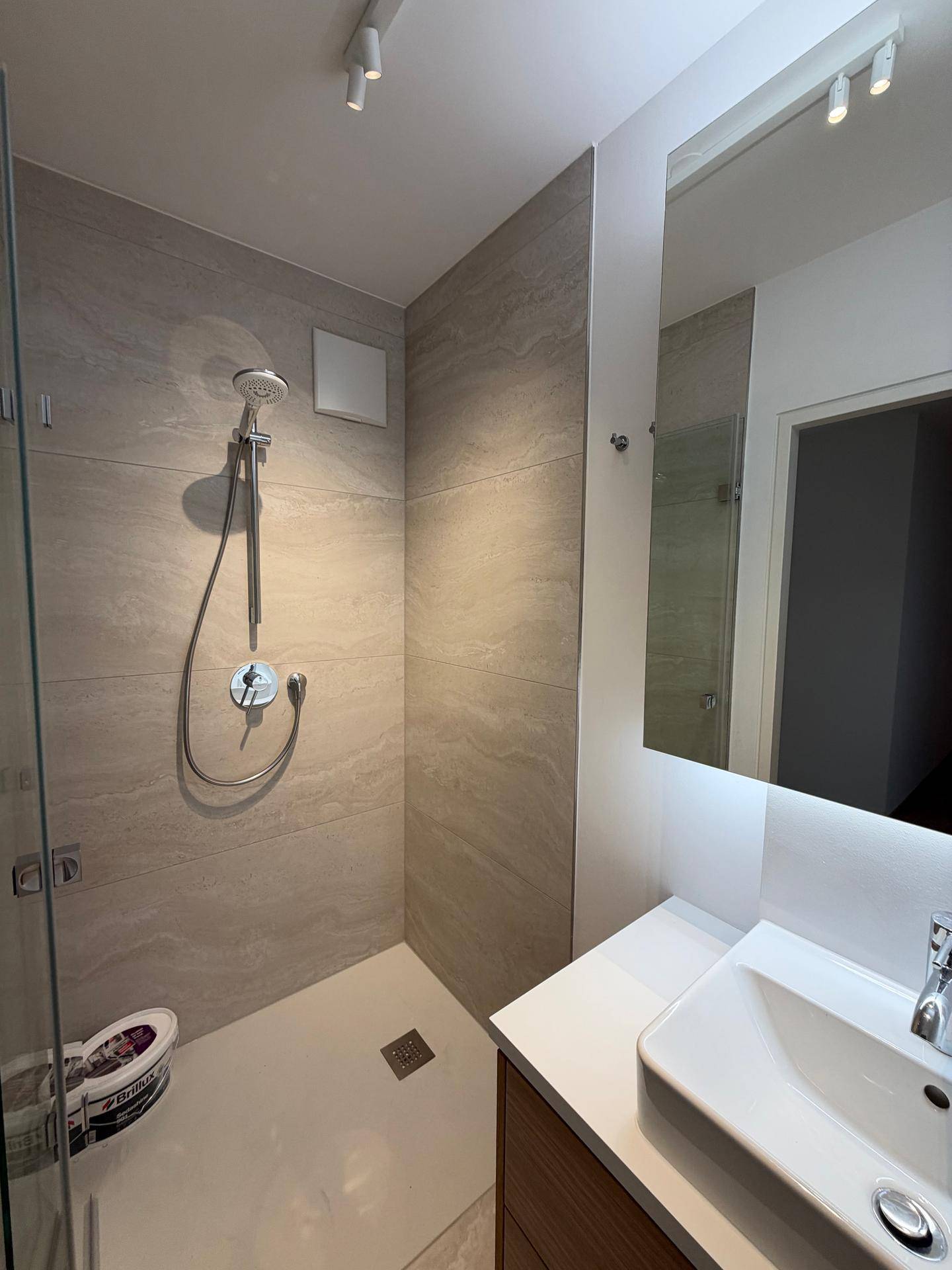 Stilvolles Badezimmer mit begehbarer Dusche, modernem Waschtisch und großem Spiegel.