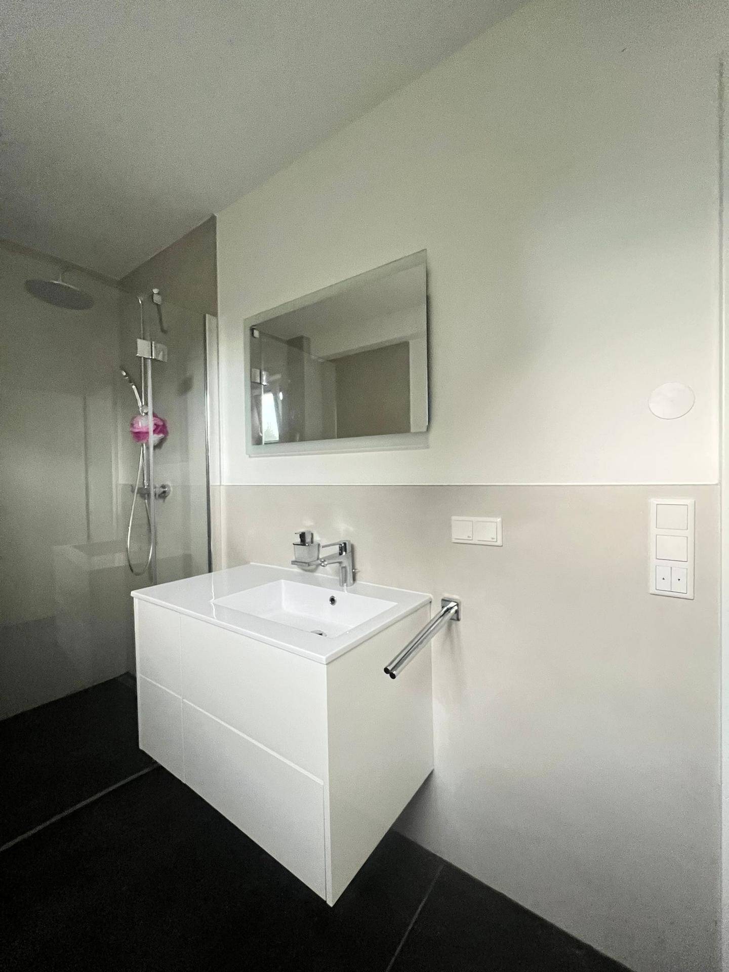 Modernes Badezimmer mit Waschbecken, Spiegel und Duschbereich.