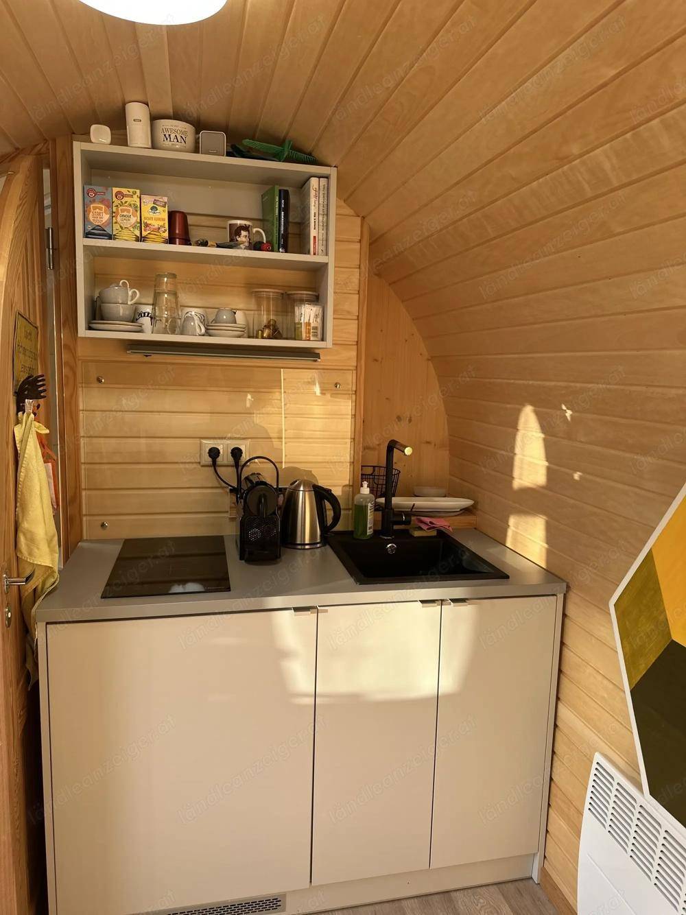 Kompakte Küchenzeile mit Spüle, Kochfeld und Hängeschrank in einem holzverkleideten Raum.
