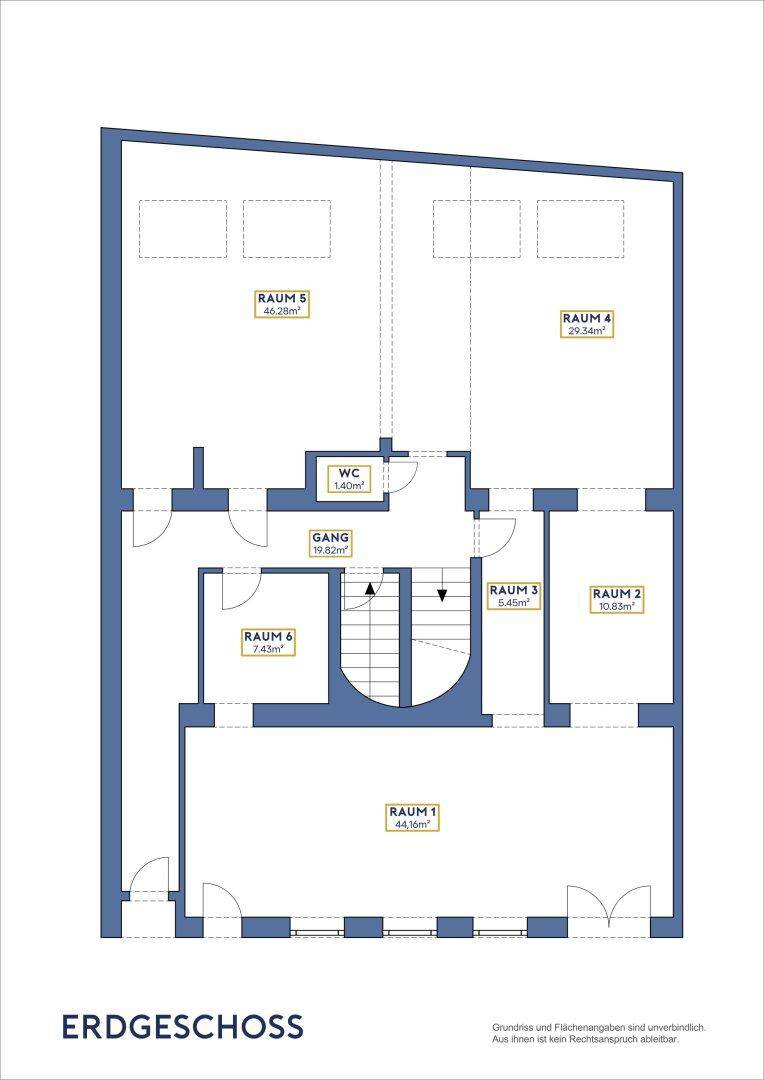 Grundriss des Erdgeschosses mit mehreren Räumen, WC und Treppenhaus.