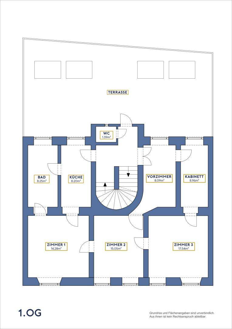 Grundriss des ersten Obergeschosses mit Küche, Bad, WC, mehreren Zimmern und einer Terrasse.
