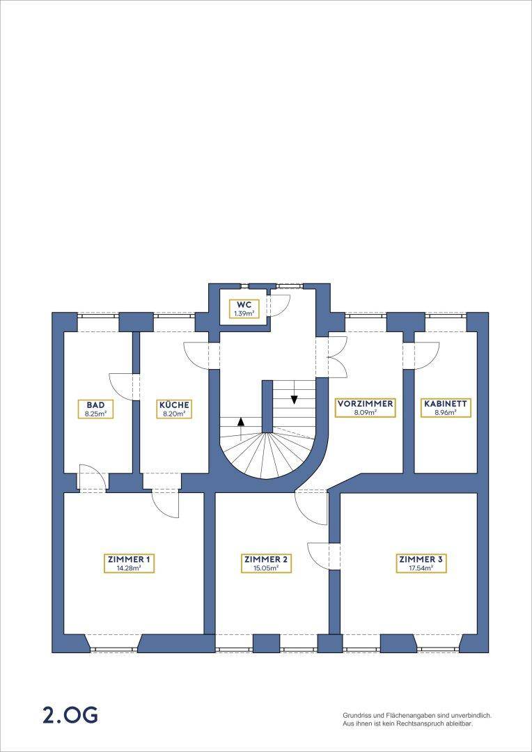 Grundriss des zweiten Obergeschosses mit Küche, Bad, WC und mehreren Zimmern.