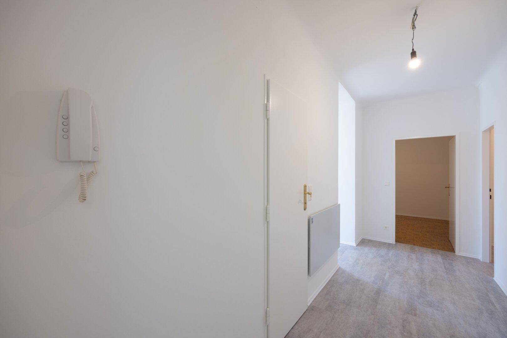 Lichtdurchfluteter Flur mit weiß gestrichenen Wänden, Gegensprechanlage und modernem Vinylboden.
