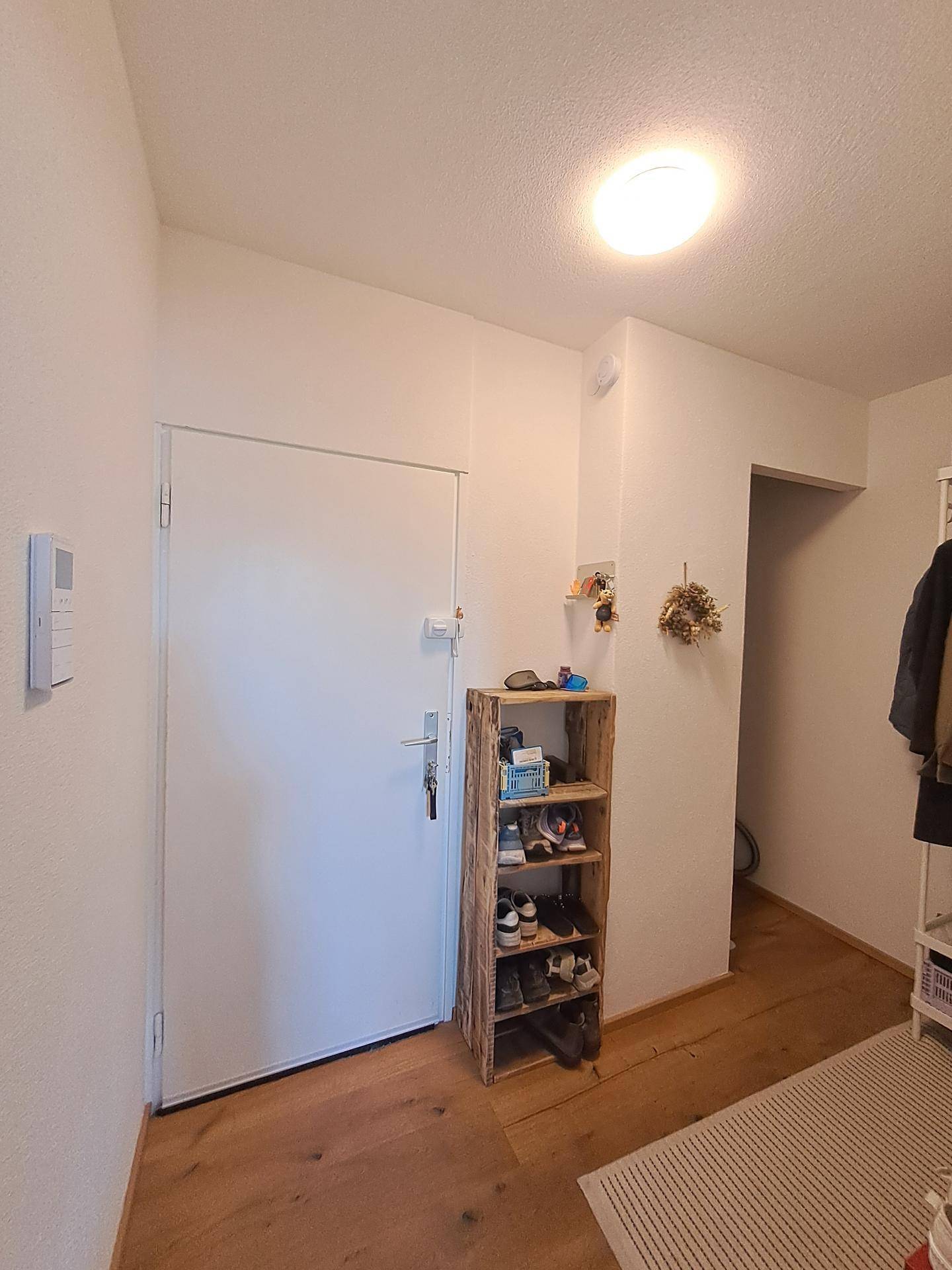 Eingangsbereich mit Holzboden, weißer Tür und praktischem Schuhregal.