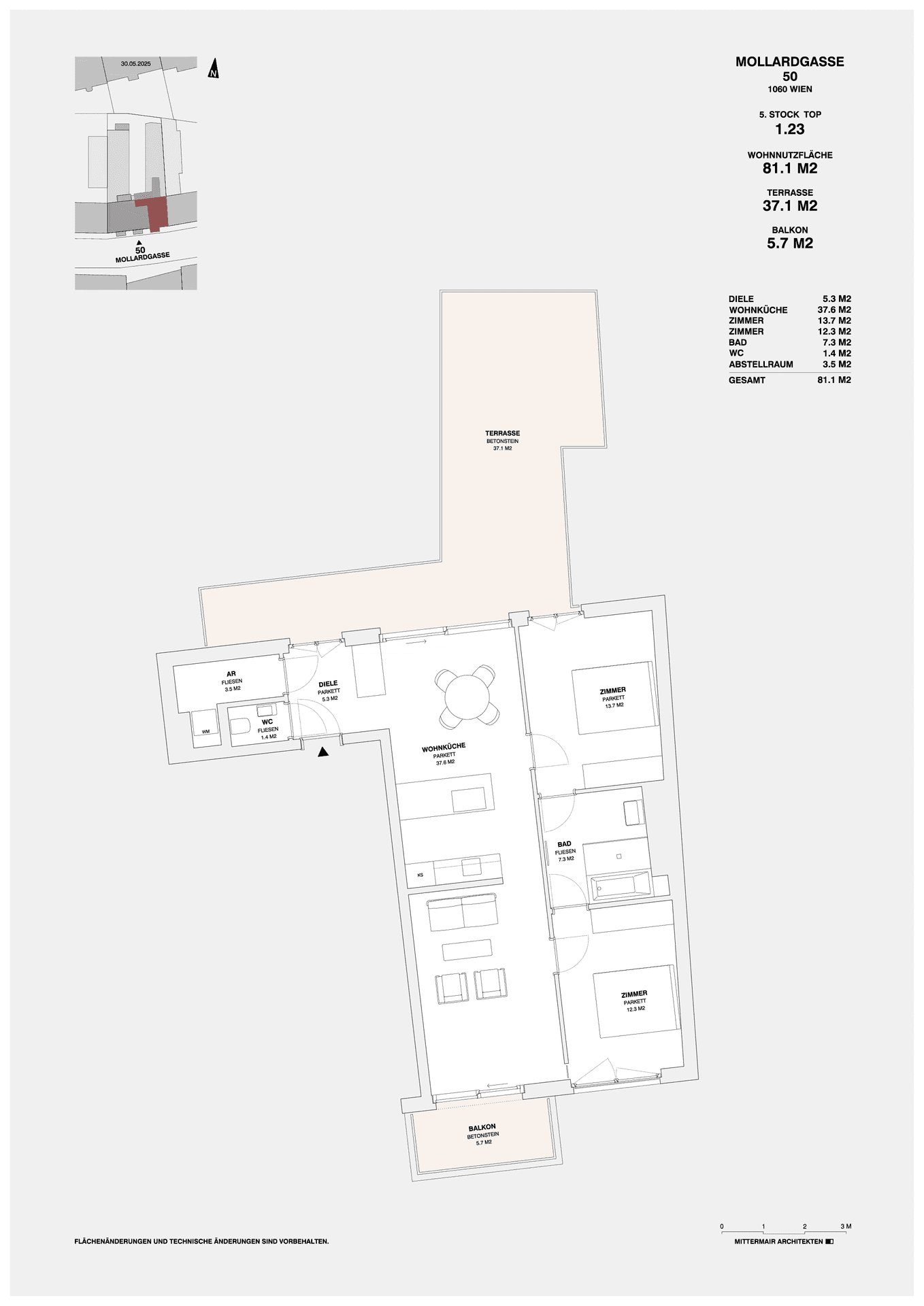 Grundriss der Wohnung Top 123 mit 81,1 m² Wohnfläche und Balkon.
