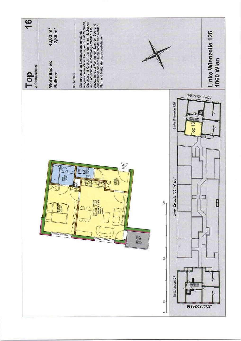 Grundriss der Wohnung Top 16 mit Wohnfläche von 43,03 m² und Balkon.