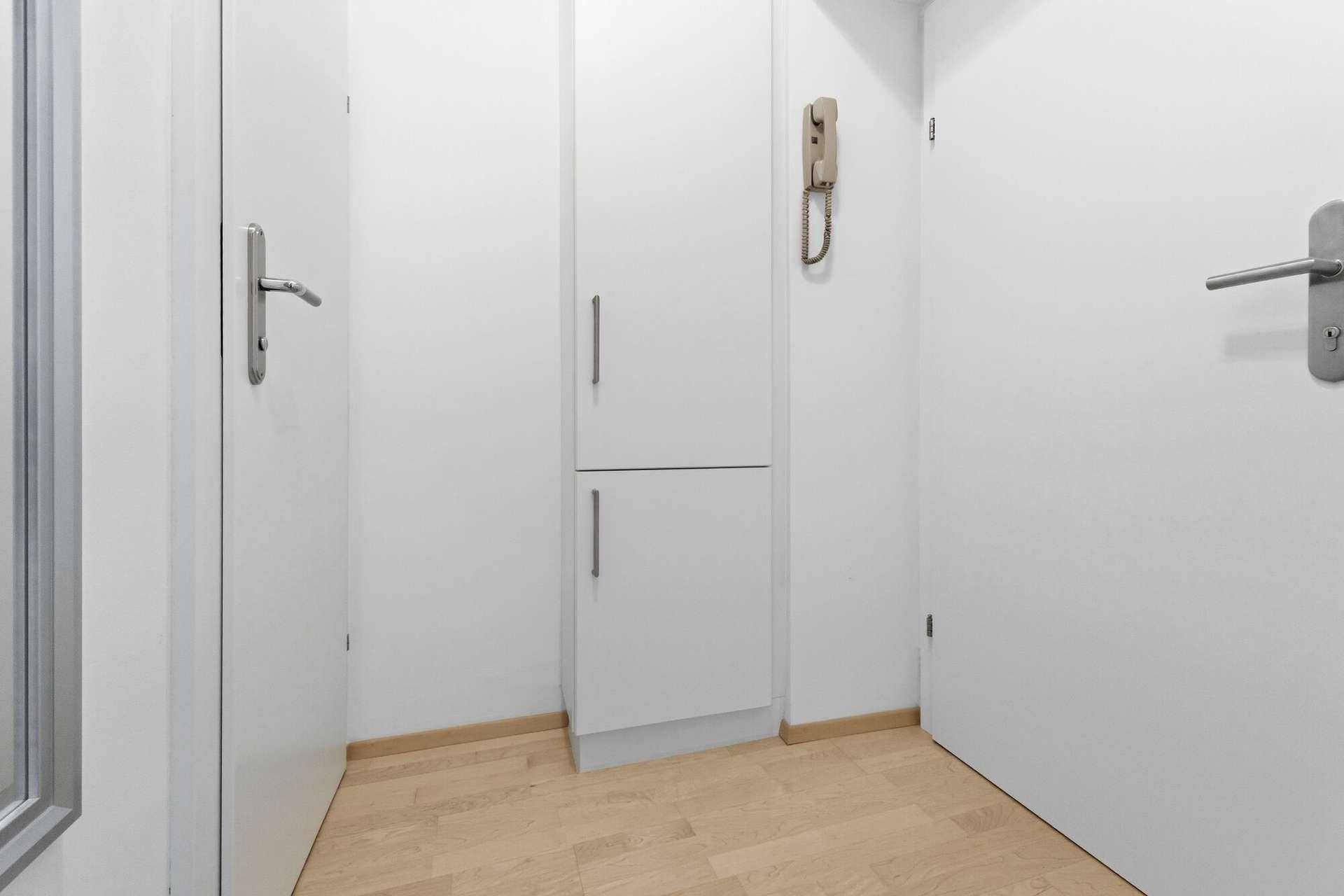 Heller Flur mit Holzboden und weißen Türen, der zu weiteren Räumen führt.