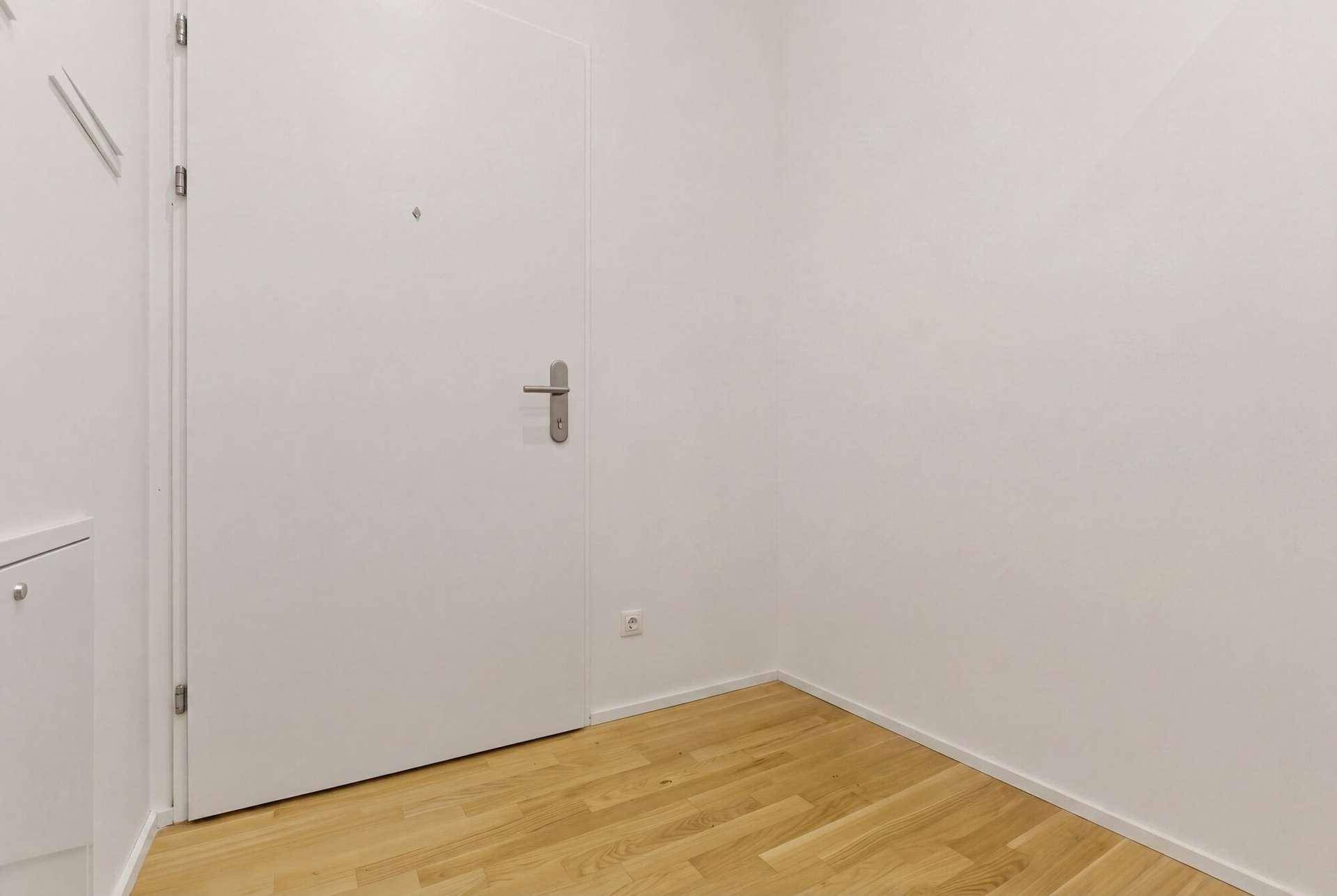 Leerer Flur mit hellem Holzboden und einer weißen Eingangstür.