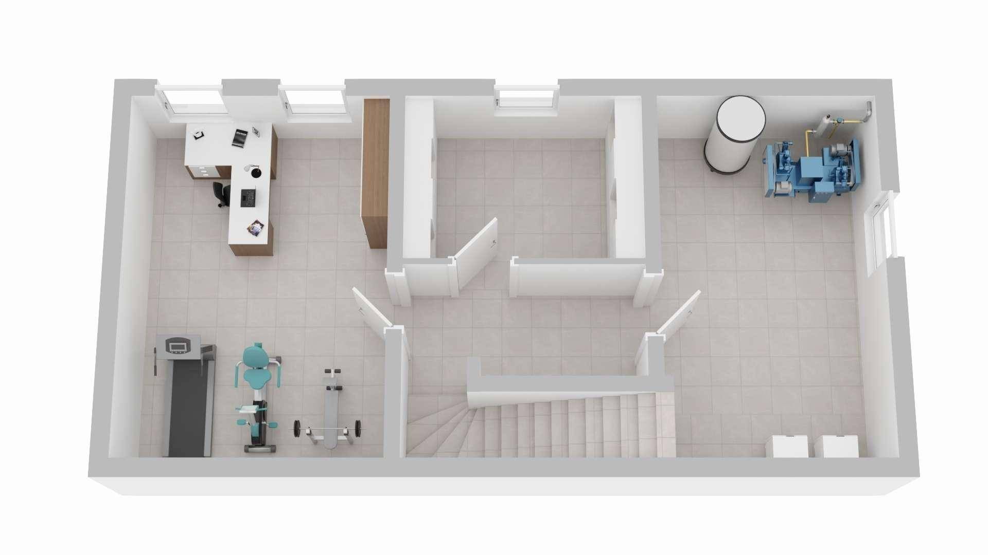 Visualisierung des Kellers mit Fitnessbereich, Büro und Technikraum.