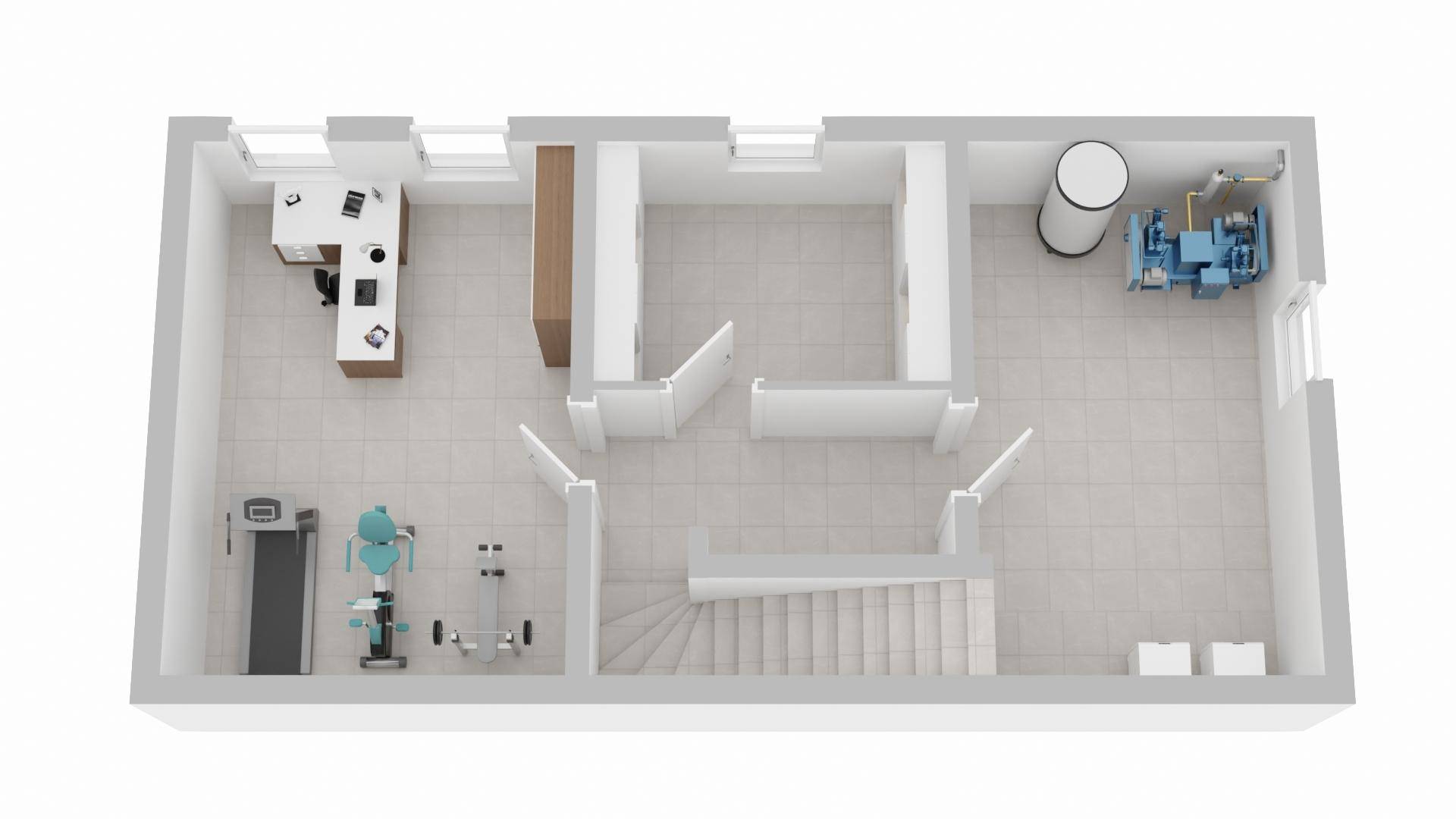 Visualisierter Grundriss des Kellergeschosses mit Fitnessbereich und Technikraum.
