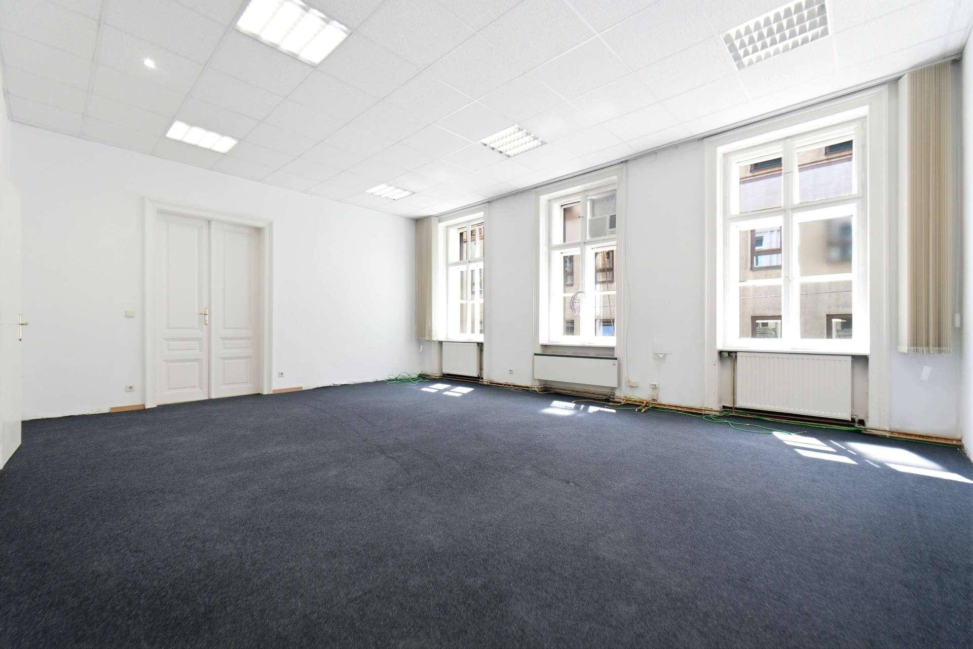 Großer, leerer Raum mit dunklem Teppichboden, weißen Wänden und drei Fenstern, viel Tageslicht.