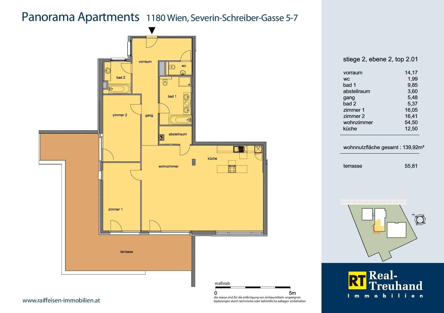 Grundriss einer Wohnung mit offener Wohnküche, zwei Bädern und großer Terrasse.