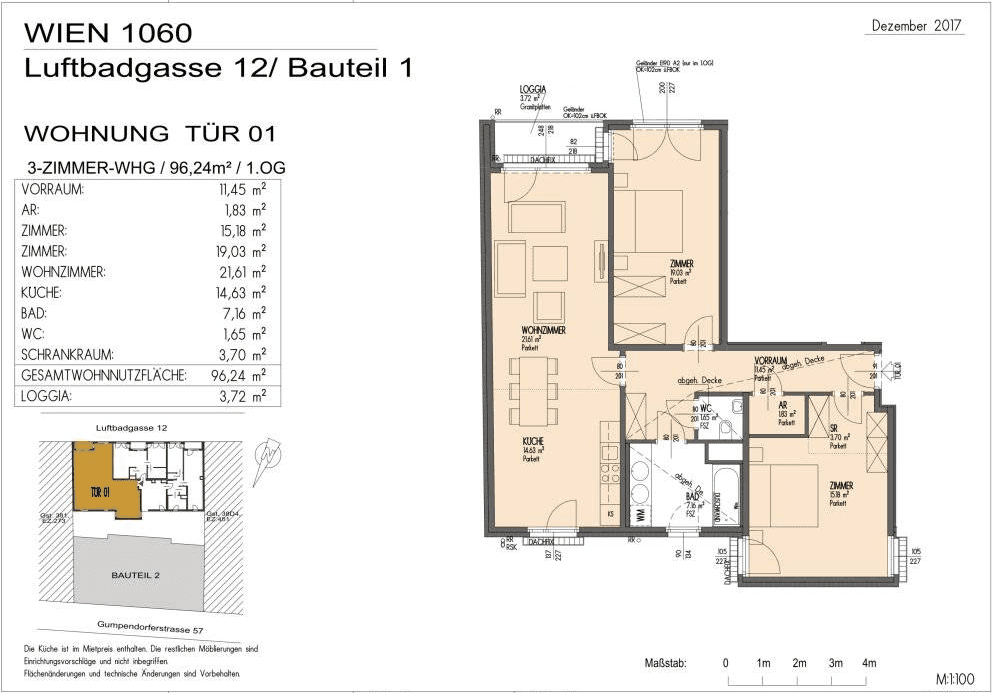 Grundriss einer 3-Zimmer-Wohnung mit offener Küche, Loggia, separatem WC und Parkettböden.