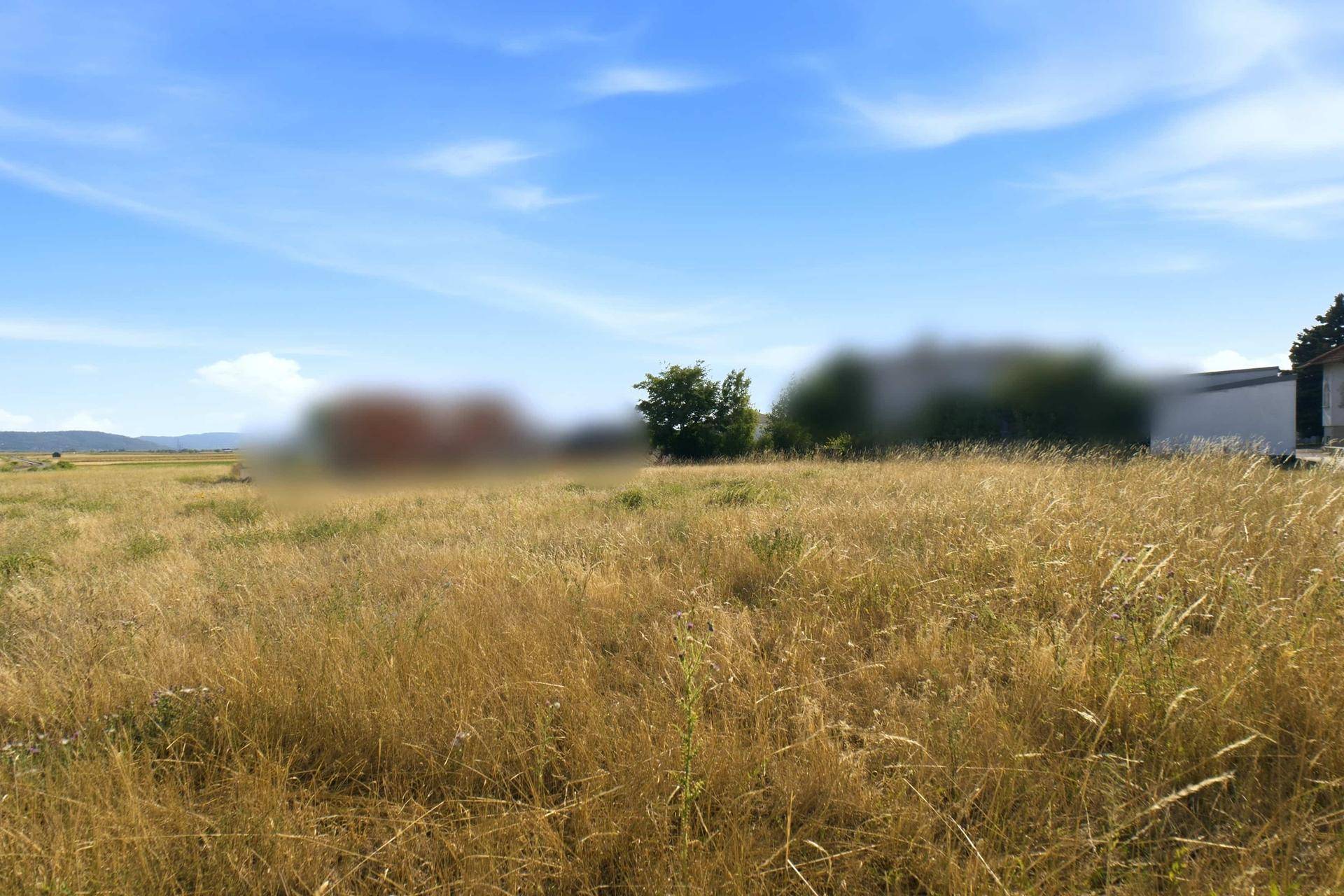 Weites, trockenes Feld unter blauem Himmel mit verschwommenen Gebäuden und Bäumen am Horizont.
