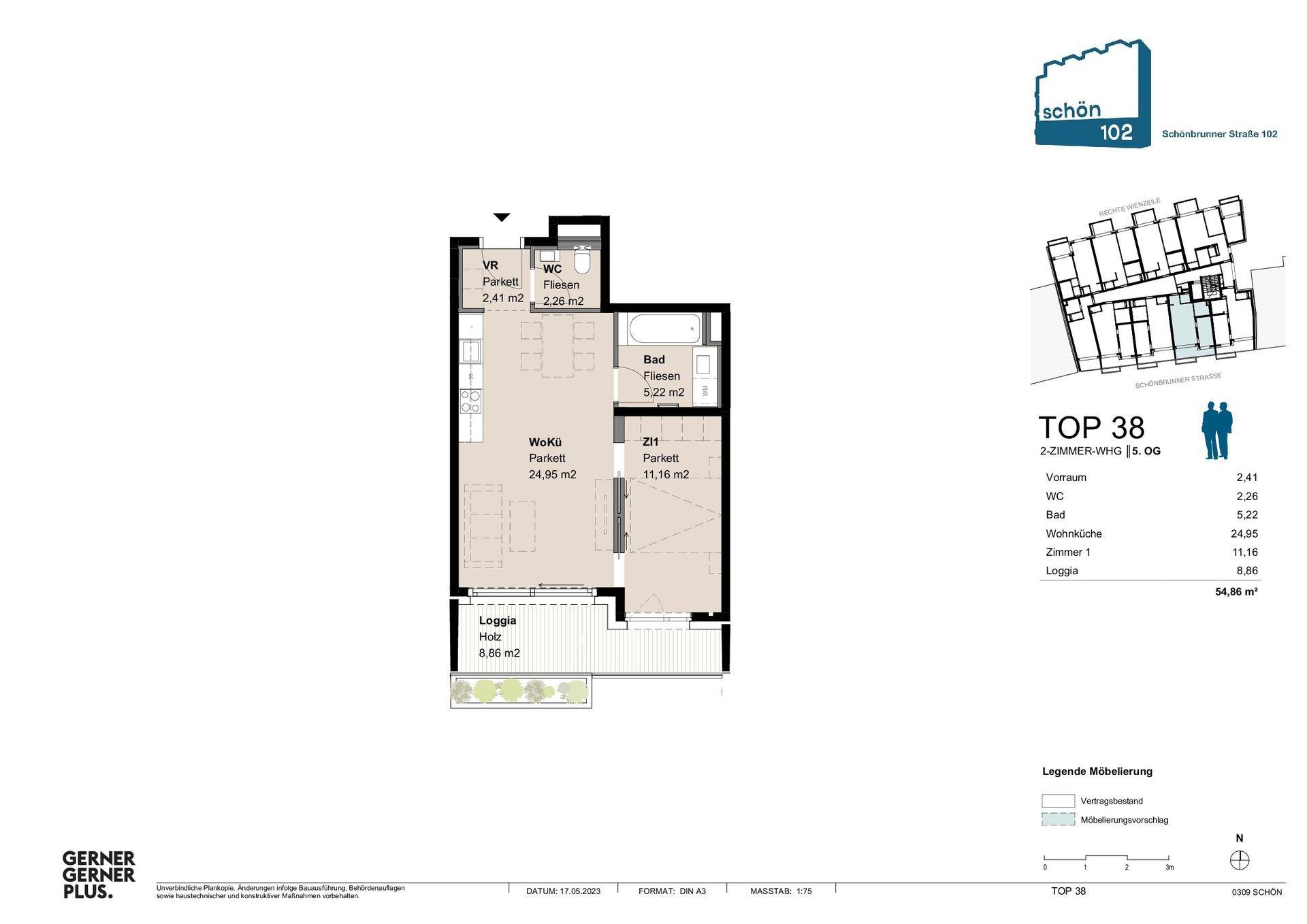 Grundriss einer 2-Zimmer-Wohnung mit Loggia, Bad und separatem WC.