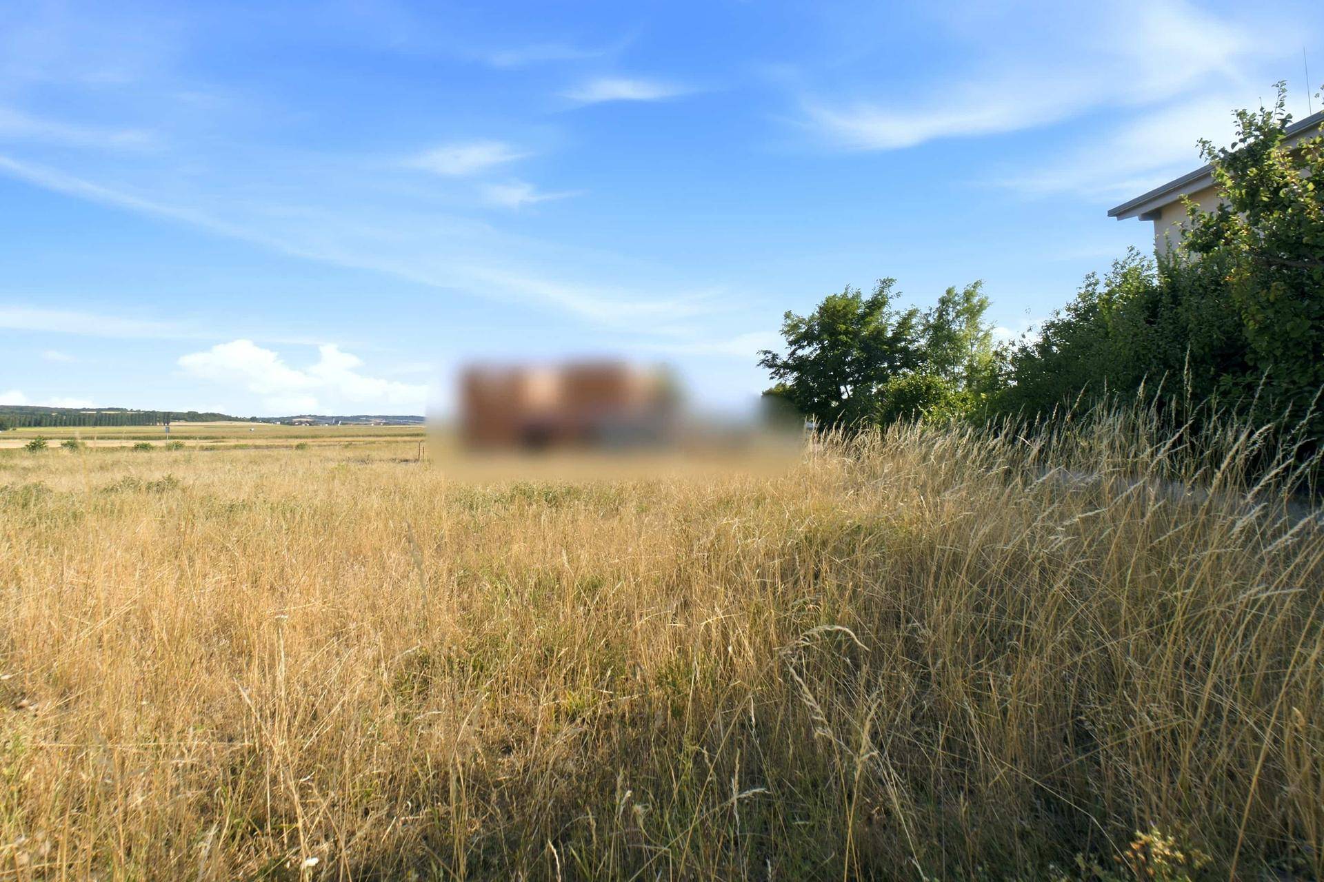 Weites, trockenes Feld unter blauem Himmel mit einem verschwommenen Gebäude am rechten Bildrand.