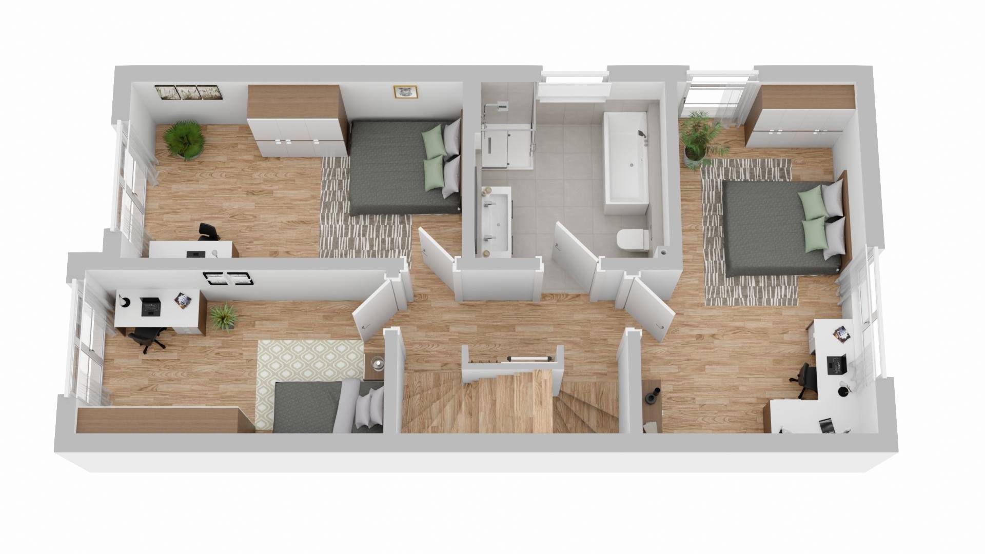 3D-Grundriss des Obergeschosses mit drei Schlafzimmern und einem Badezimmer.