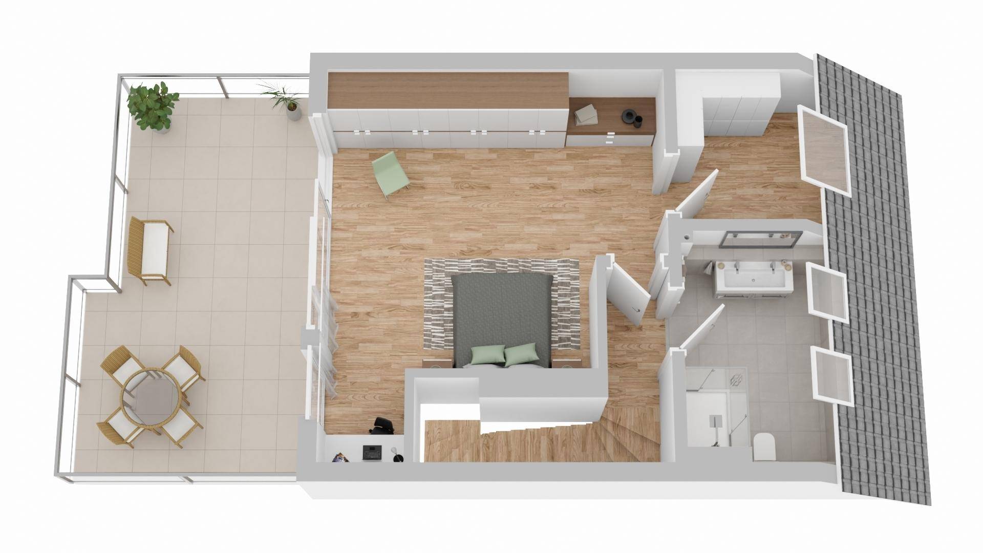 3D-Grundriss des Dachgeschosses mit Schlafzimmer, Bad und großer Dachterrasse.
