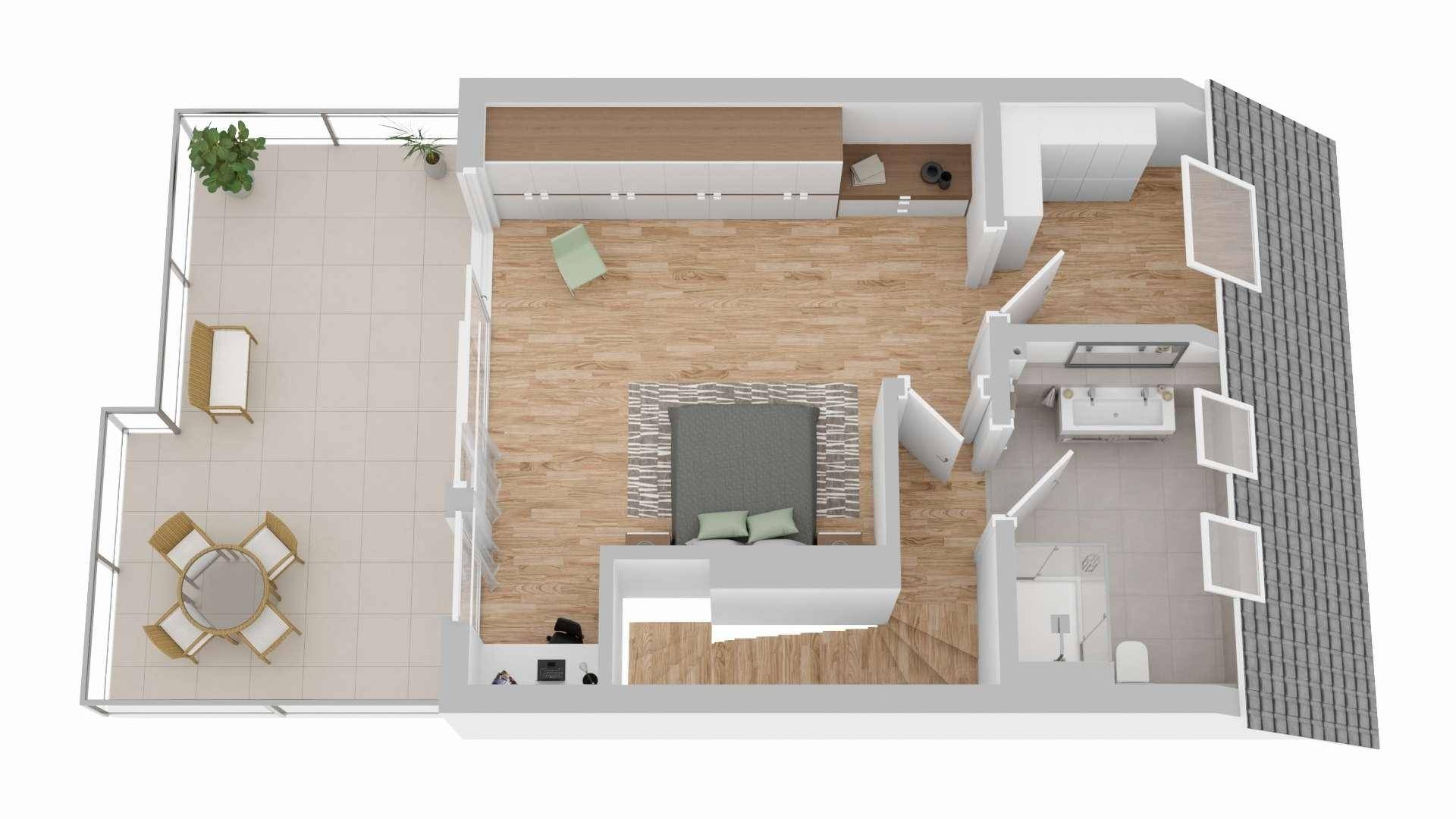 Visualisierung des Dachgeschosses mit Schlafzimmer, Bad und großer Dachterrasse.