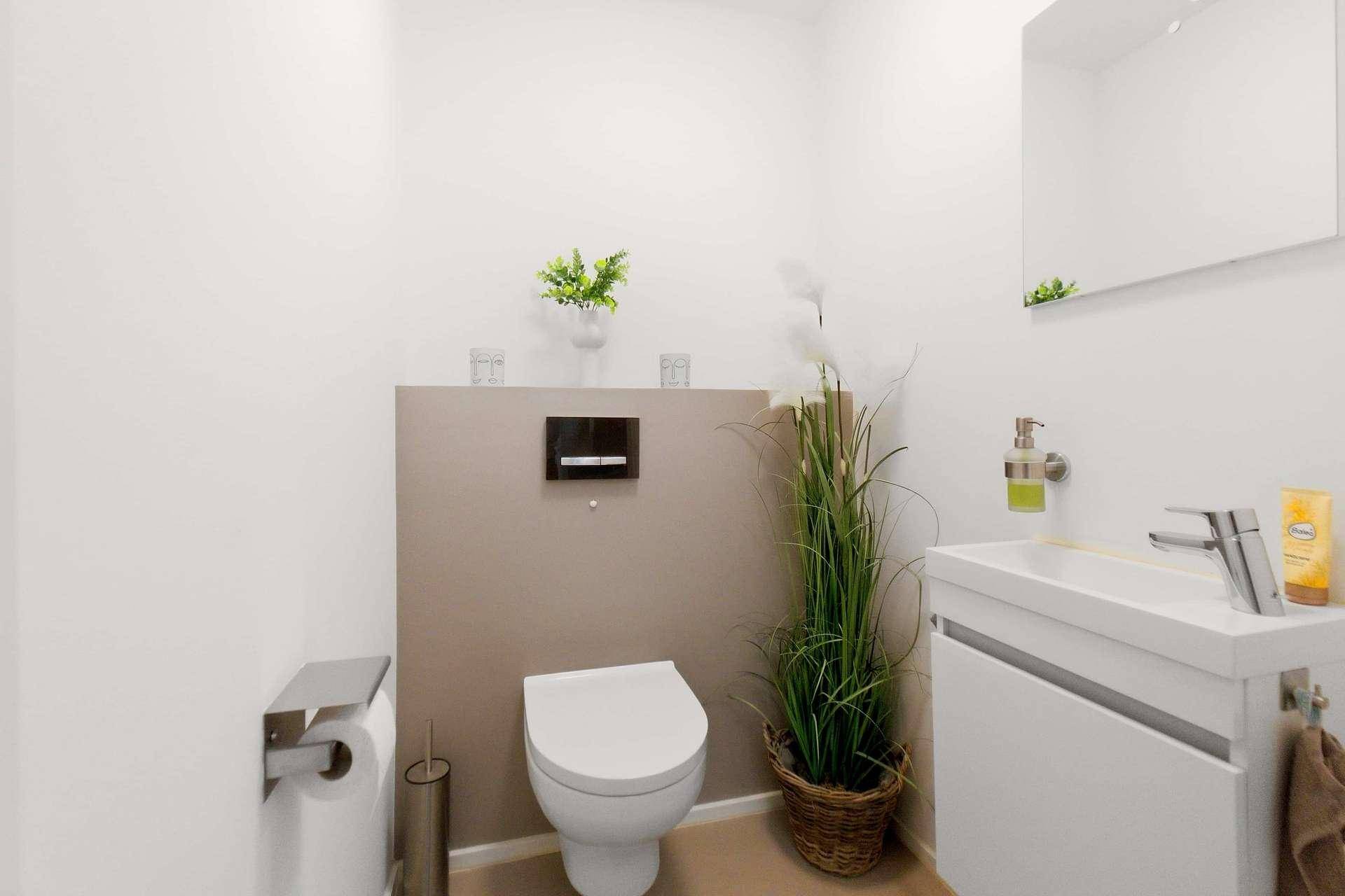 Modernes Gäste-WC mit wandhängender Toilette, kleinem Waschbecken und schlichter Dekoration.