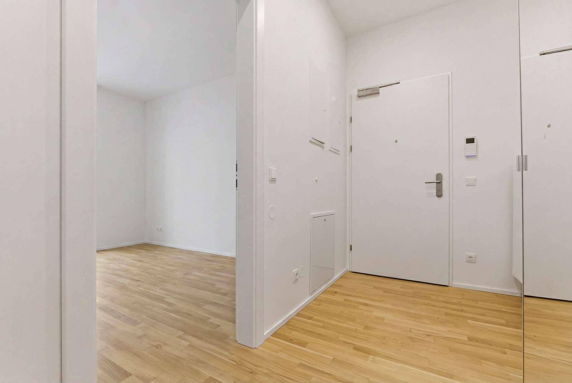 Heller Eingangsbereich mit Holzboden, weißer Eingangstür und einem großen Wandspiegel.