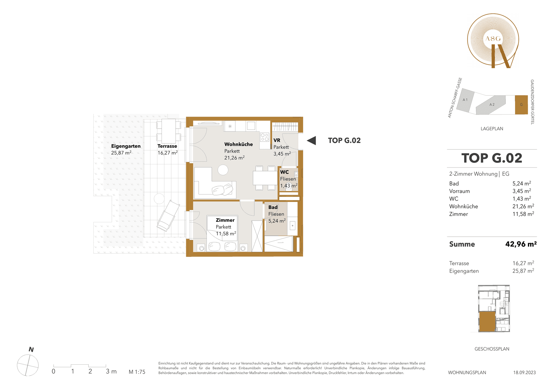 Grundriss der 2-Zimmer-Wohnung TOP G.02 mit Terrasse und Eigengarten.