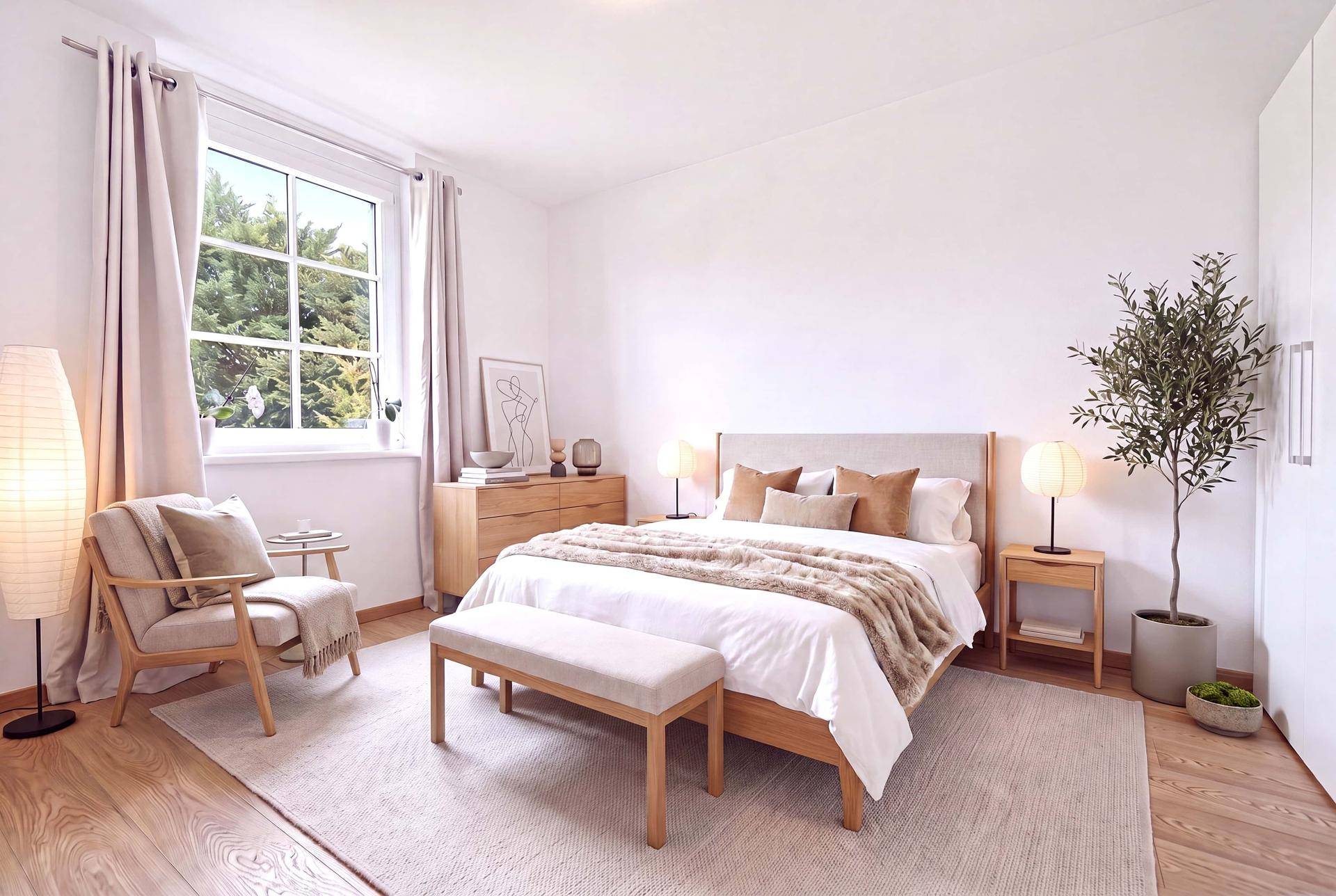 Virtuell inszeniertes Schlafzimmer mit Holzbett, Nachttischen und großem Fenster, hell und modern.