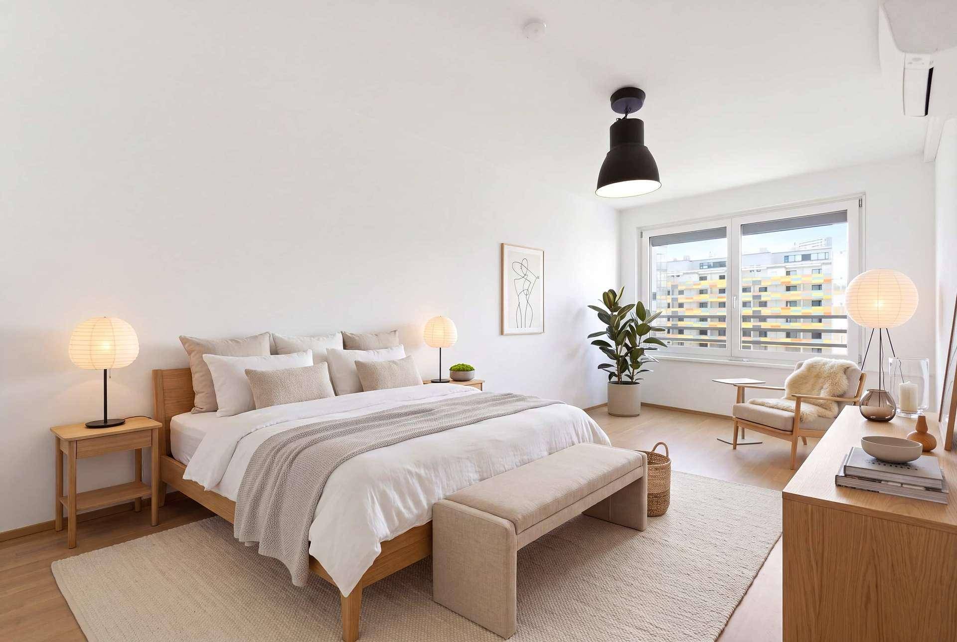 Helles Schlafzimmer mit Doppelbett, Holzboden und Blick auf die umliegenden Gebäude.