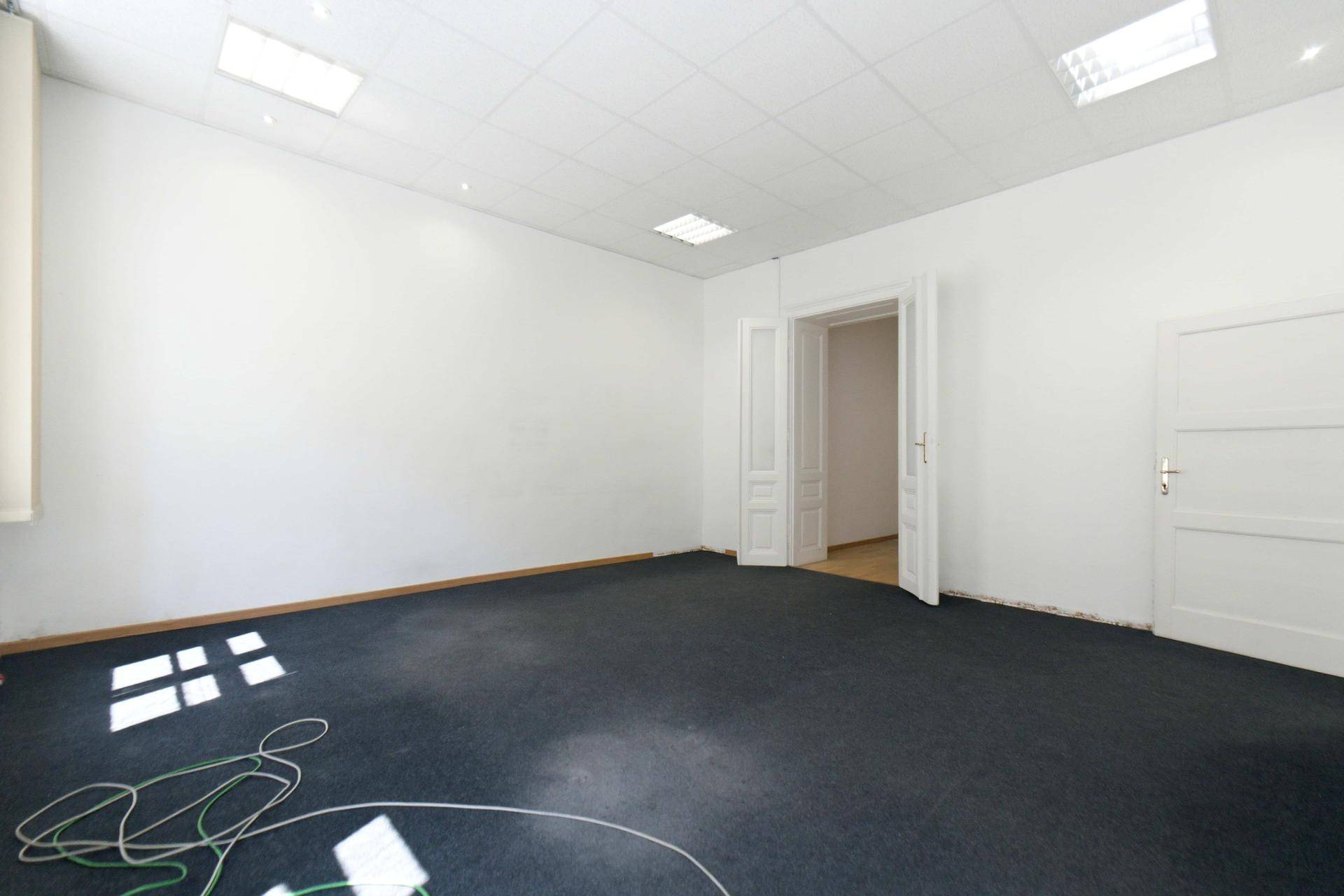 Geräumiger Raum mit dunklem Teppichboden und hohen Türen, bereit zur individuellen Gestaltung.