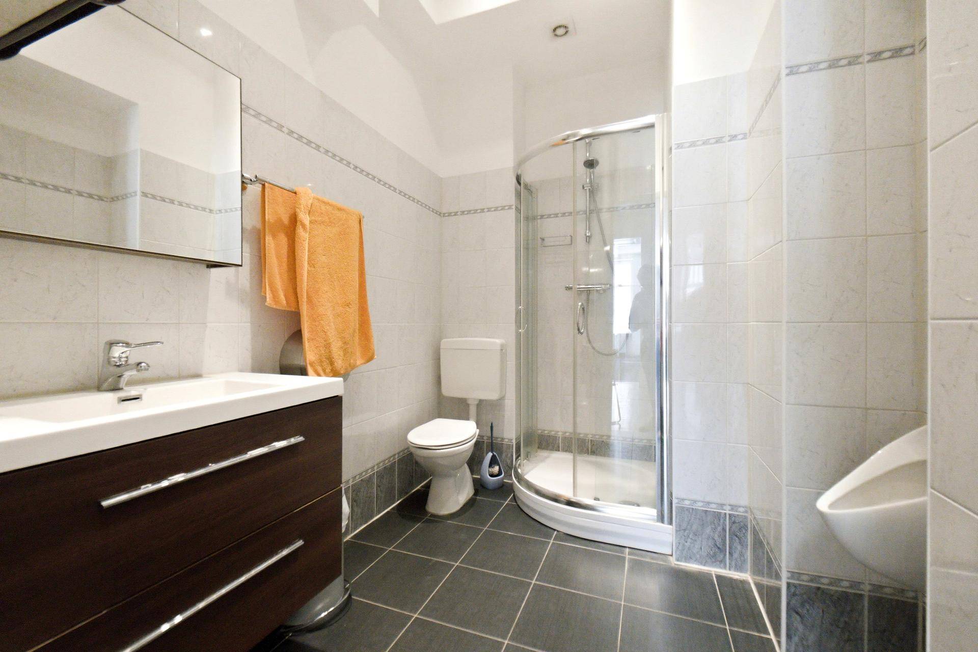 Modernes Badezimmer mit Dusche, Waschtischunterschrank und Urinal.