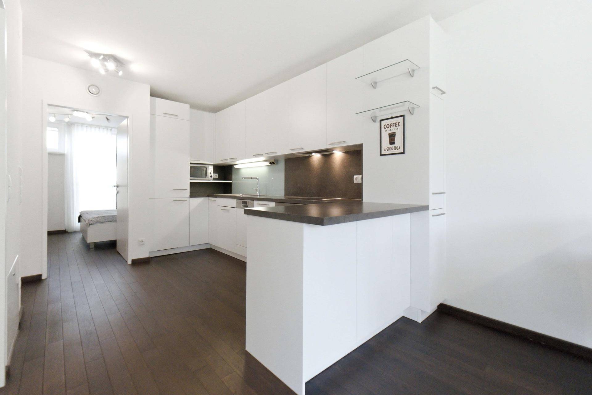 Moderne weiße Küche mit Frühstücksbar und dunklem Holzboden, offen zum Wohnbereich.