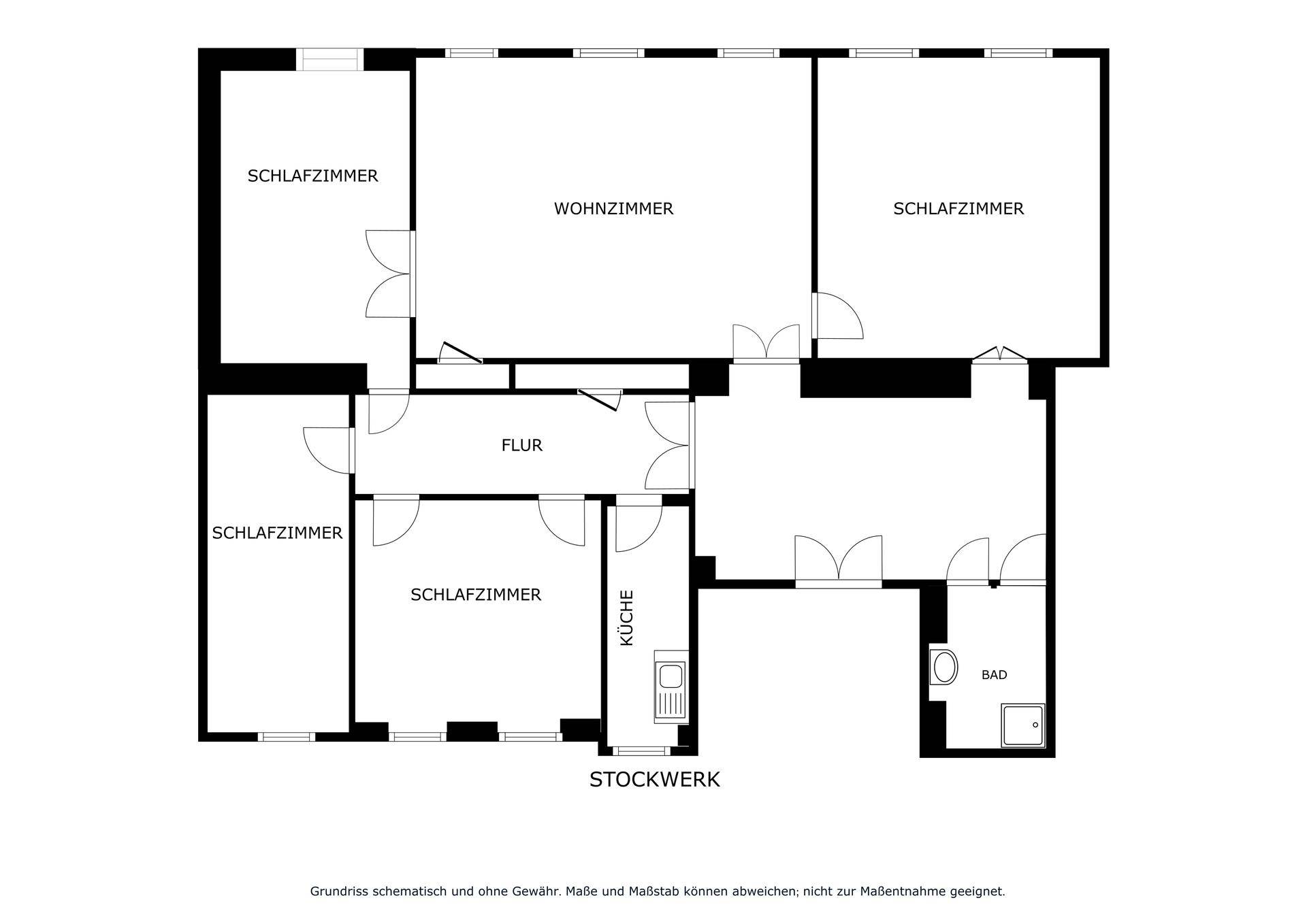Grundriss einer Wohnung mit fünf Zimmern, Küche und Bad.