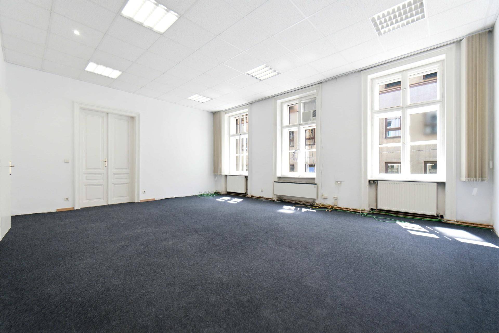 Großer, heller Raum mit dunklem Teppichboden und drei Fenstern, geeignet für vielfältige Nutzung.