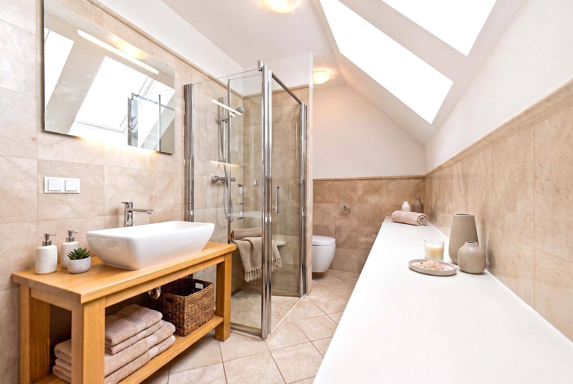 Modernes Badezimmer im Dachgeschoss mit Schrägdach, Dachfenstern, Dusche und Einzelwaschbecken.