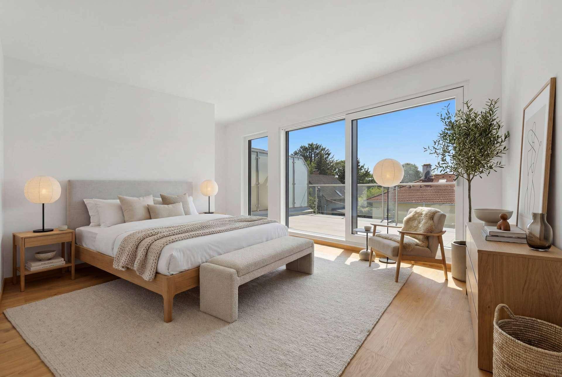 Helles Schlafzimmer mit Holzboden, modernem Bett und Zugang zu einer großen Terrasse.
