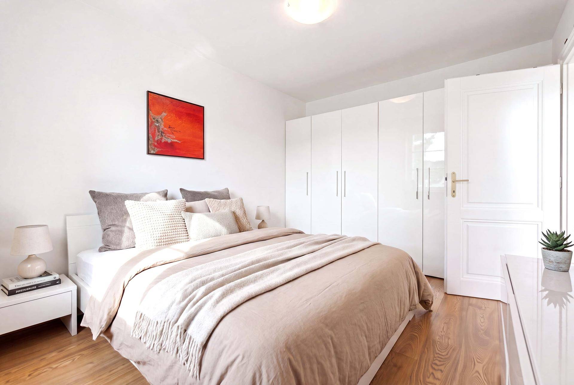 Helles Schlafzimmer mit weißem Kleiderschrank, Holzboden und modernem Bett, gemütlich eingerichtet.