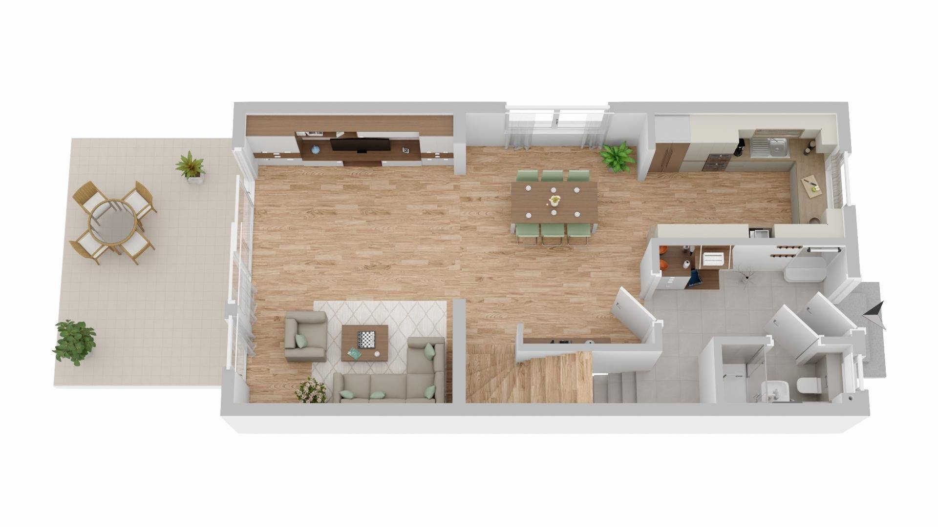 3D-Grundriss des Erdgeschosses mit offenem Wohn-Essbereich und Terrasse.