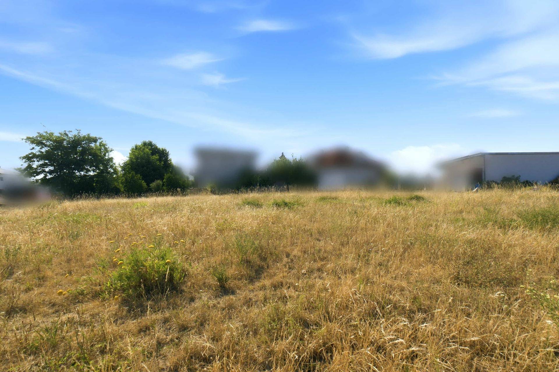 Weites, trockenes Feld unter blauem Himmel mit verschwommenen Gebäuden und Bäumen am Horizont.