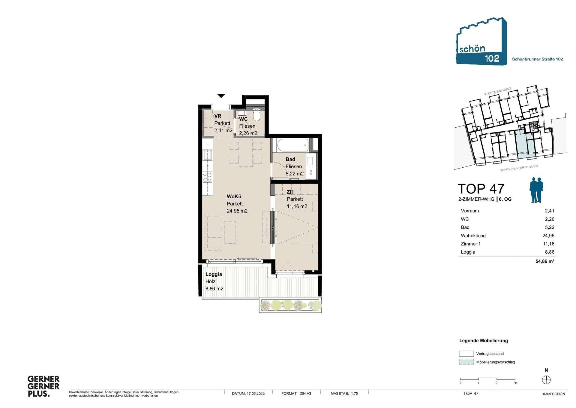 Grundriss der Wohnung Top 47 mit Loggia und separatem WC.