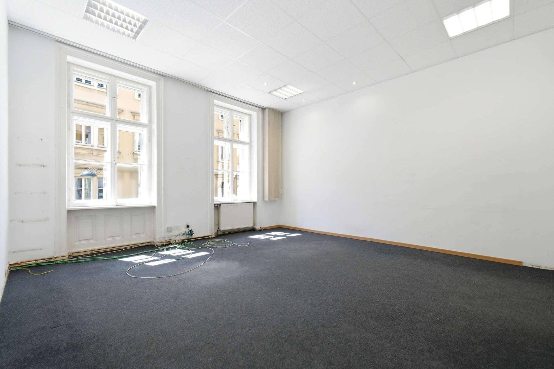 Geräumiger, leerer Raum mit Teppichboden, weißen Wänden und zwei großen Fenstern, hell und offen.