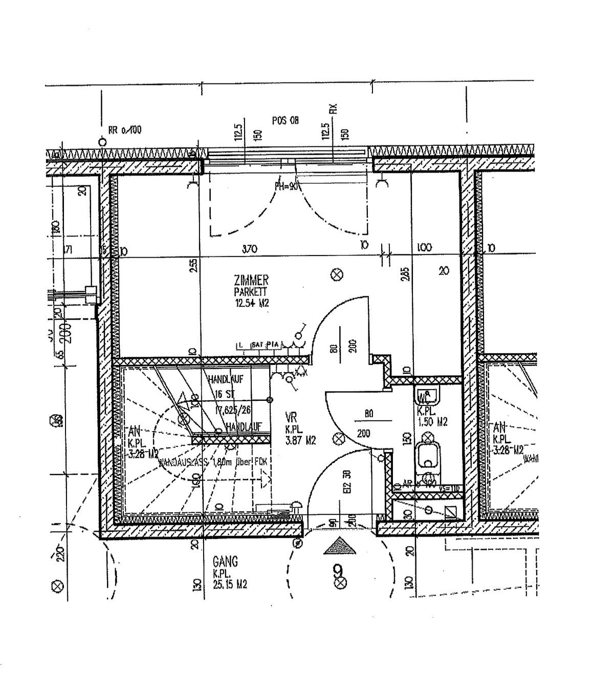 Grundriss einer weiteren Wohnung mit Zimmer, Vorraum und einem geräumigen Gang.