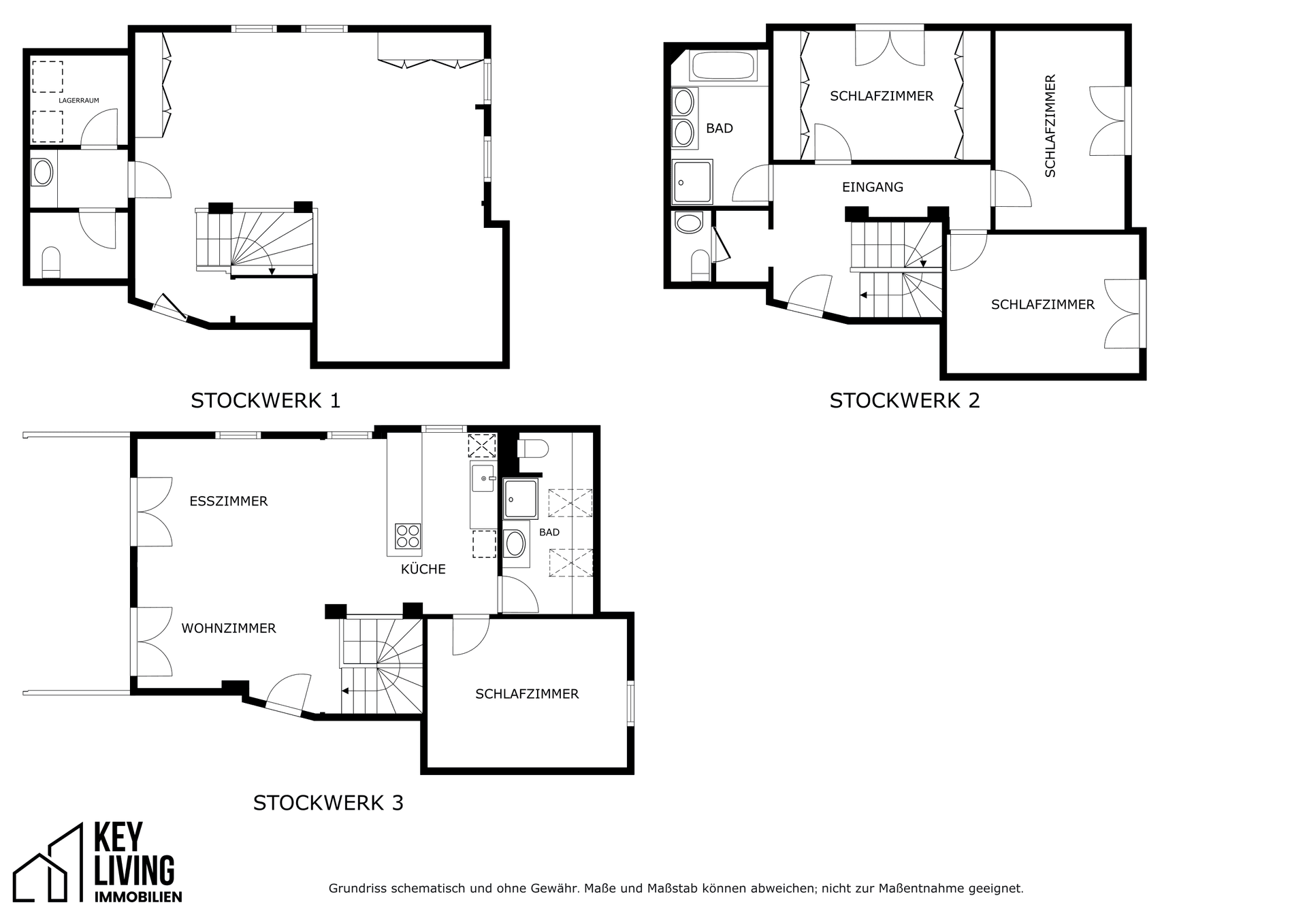 Schematischer Grundriss über drei Stockwerke mit Wohnzimmer, Küche und Schlafzimmern.
