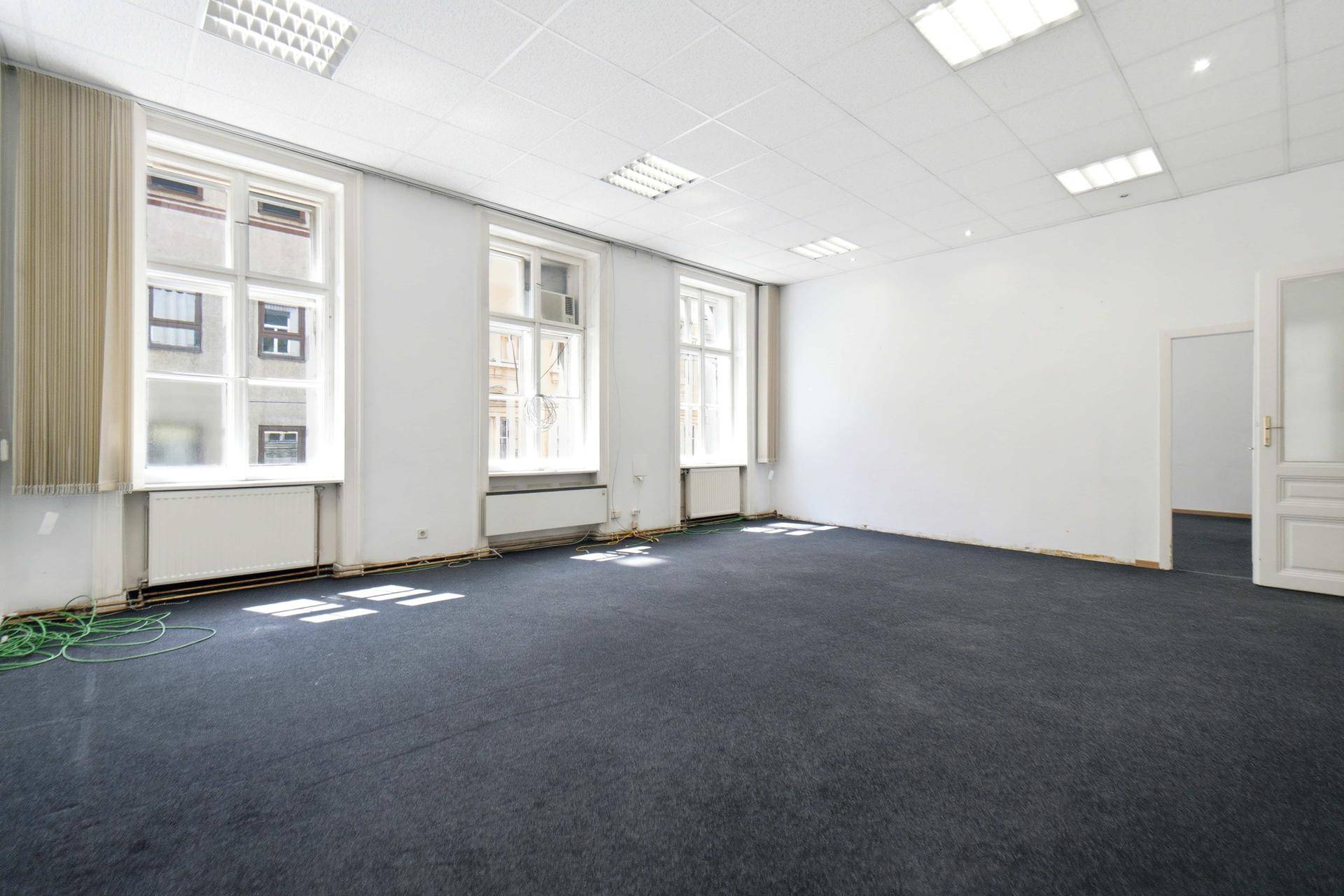 Heller Raum mit dunklem Teppichboden und drei Fenstern, bietet viel Tageslicht und Ausblick.