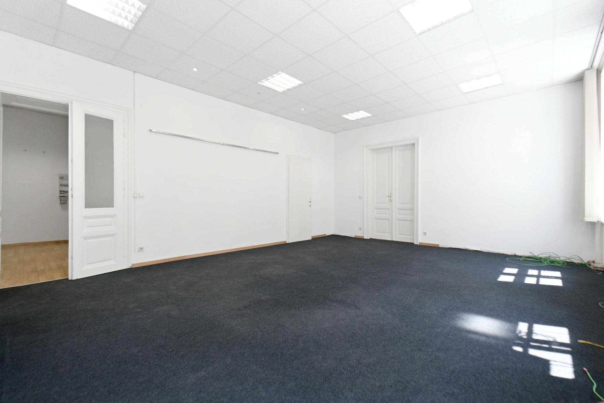 Geräumiger Raum mit dunklem Teppichboden und hohen Türen, mit Zugang zu einem weiteren Zimmer.