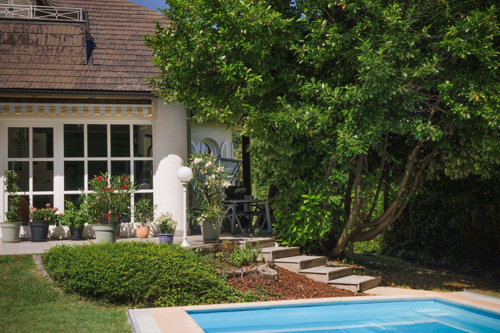 Detailansicht des Hauses vom Garten aus mit Poolbereich und bepflanzter Terrasse.