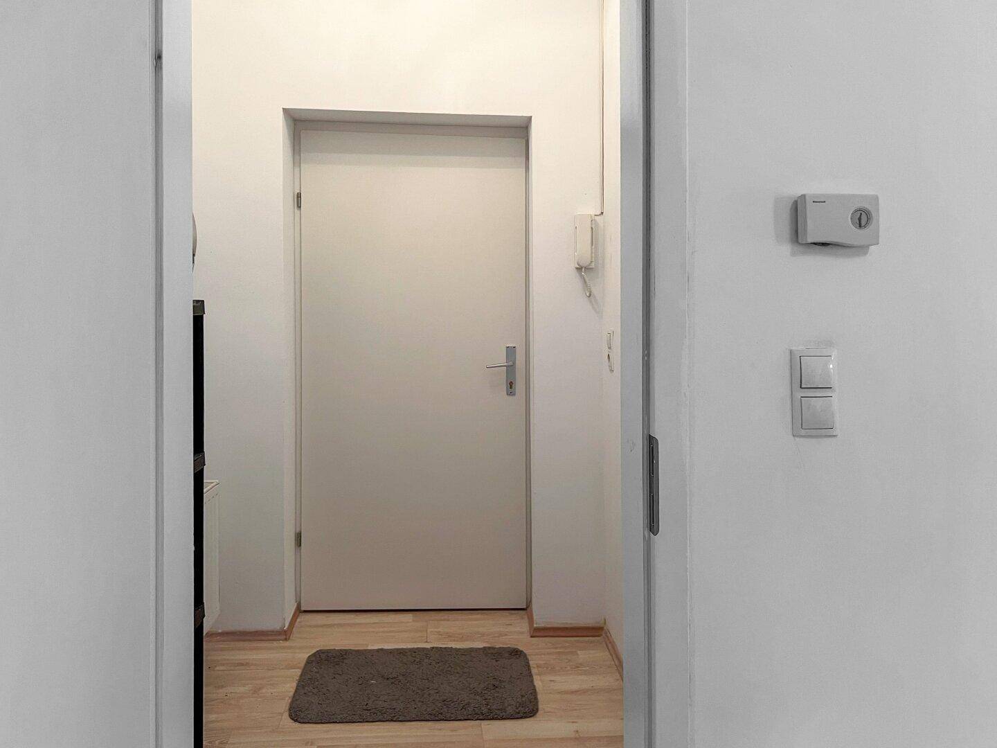 Heller Flur mit Holzboden und einer schlichten weißen Tür, die in einen anderen Raum führt.