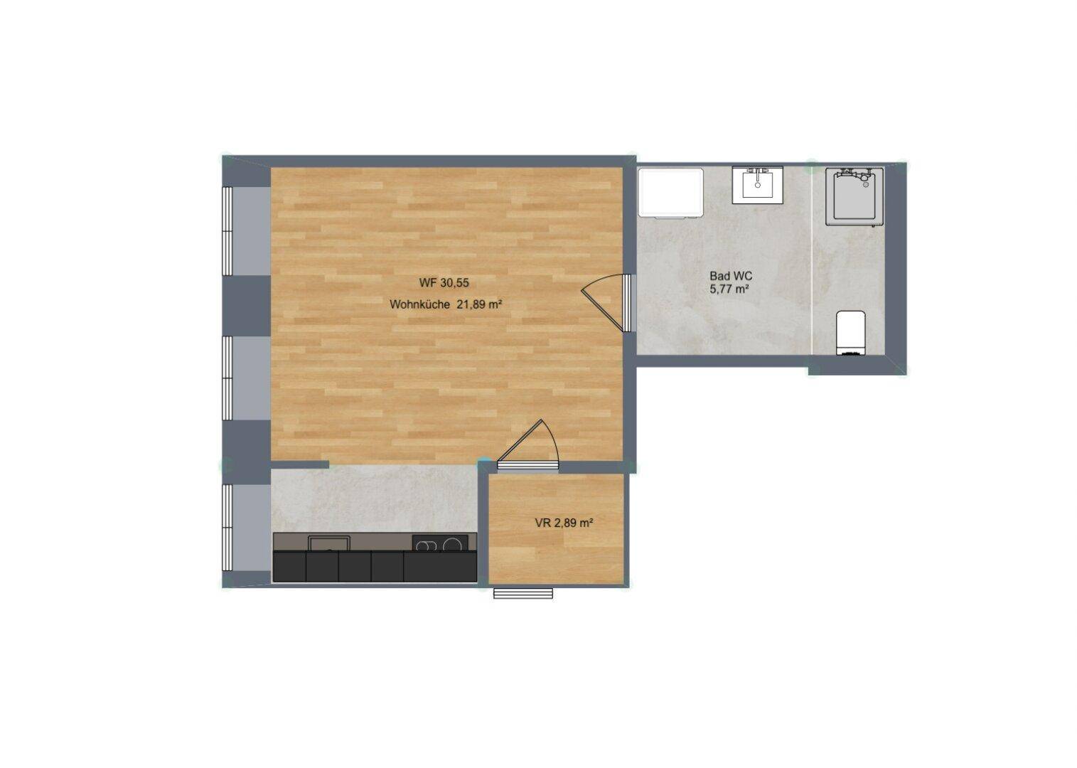 Grundriss einer Wohnung mit Wohnküche, Bad und WC sowie einem Vorraum.