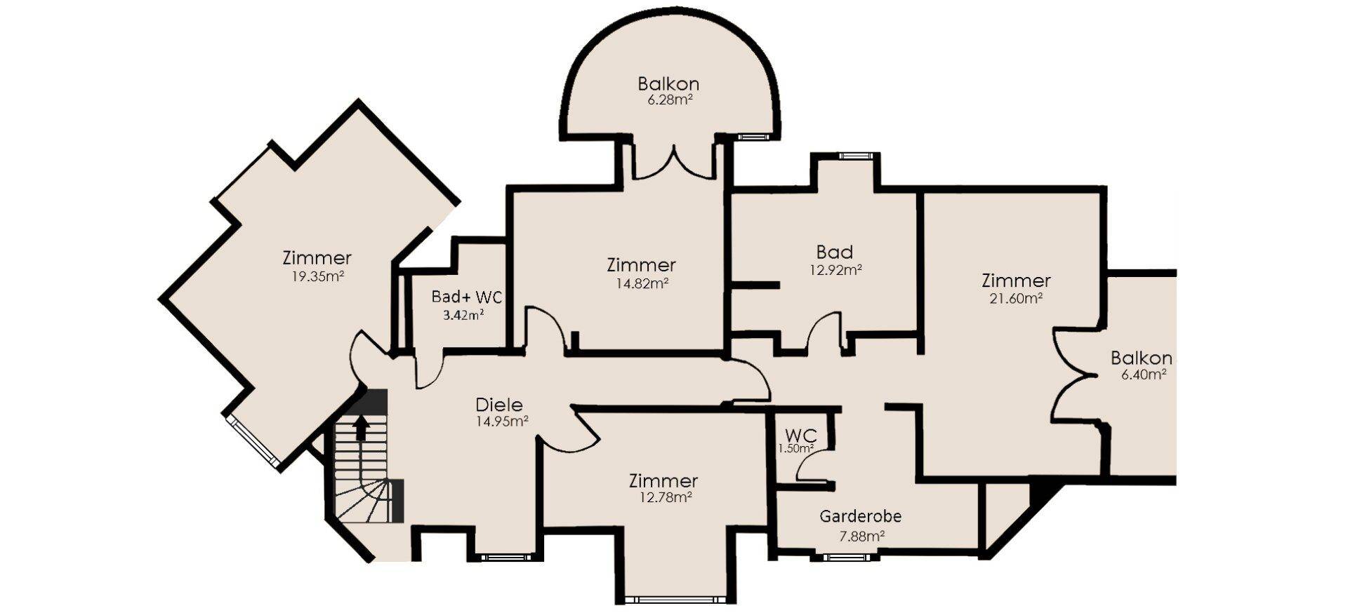 Grundriss des Obergeschosses mit mehreren Zimmern, Bädern, WC und Balkonzugängen.