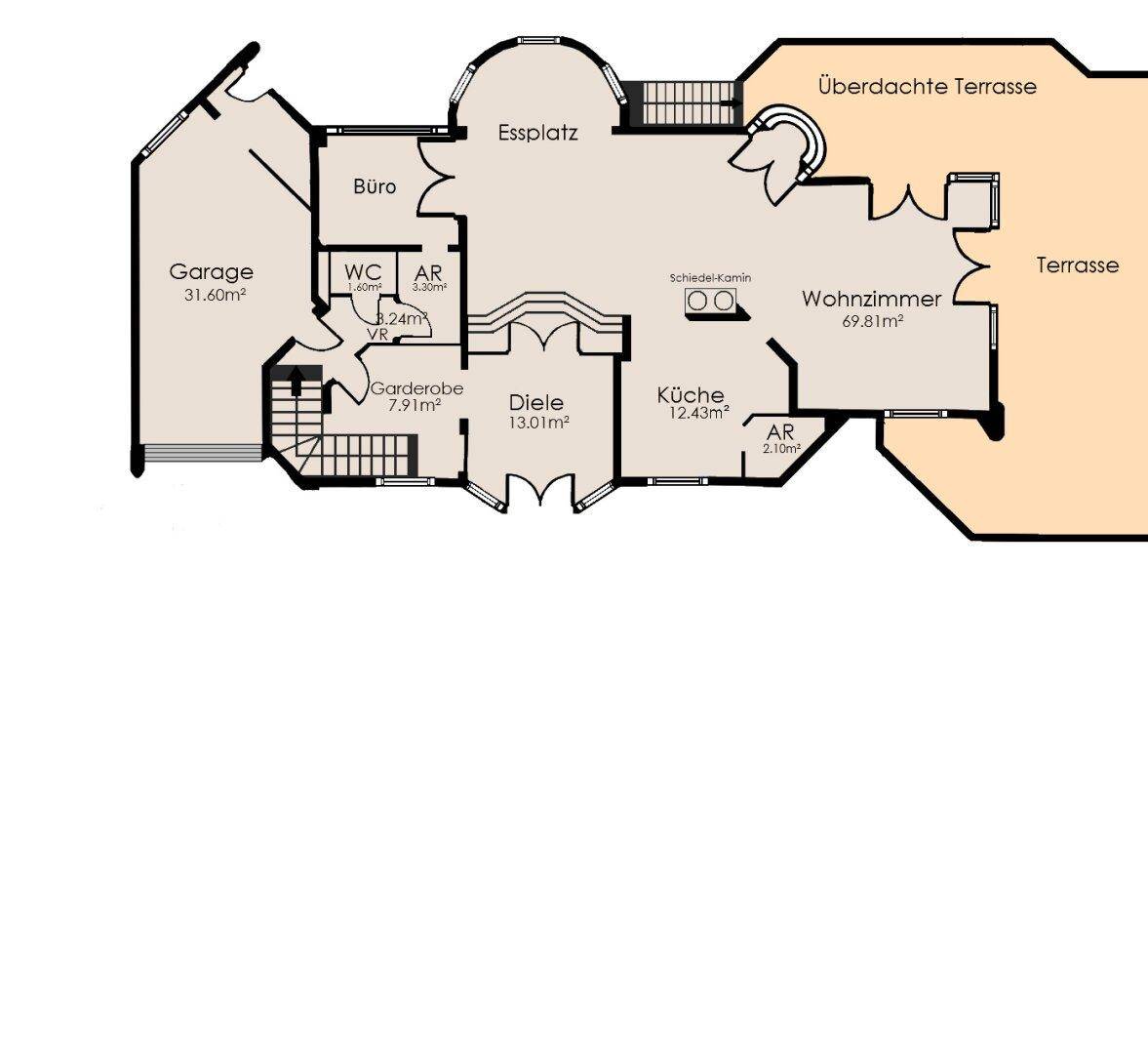 Grundriss des Erdgeschosses mit Wohnzimmer, Küche, Essplatz, Büro und Zugang zur Terrasse.