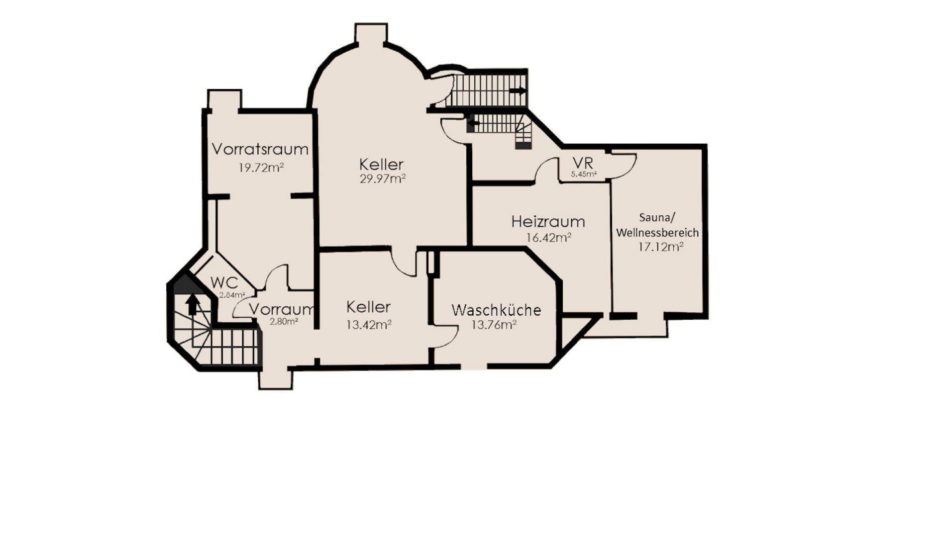 Grundriss des Untergeschosses mit Kellerräumen, Waschküche, Heizraum und Wellnessbereich mit Sauna.